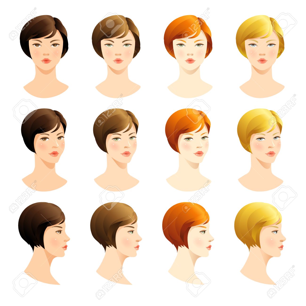 vector reihe von schonen frau gesicht verschiedene farbe von bob frisuren verschiedene dreht kopfe gesicht vor gesicht im profil blonde haare