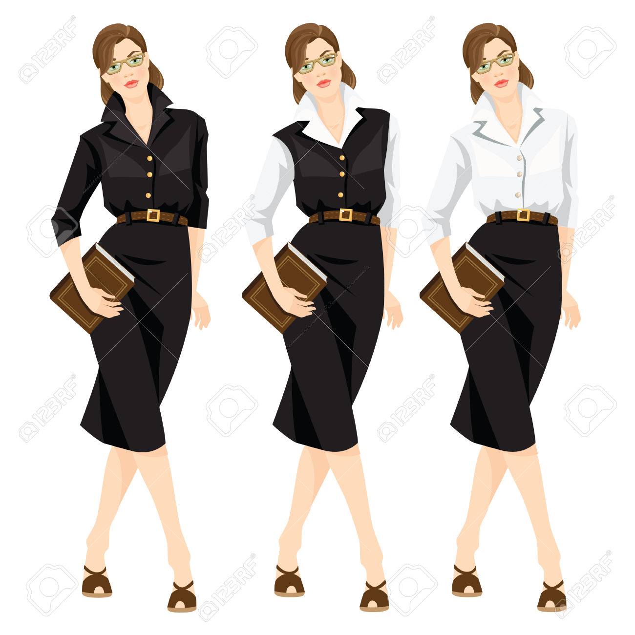 ライブラリアンやフォーマルな服 白い背景で隔離の眼鏡教師のベクトル イラスト かわいい女性 は 彼女の手で本を保持します 黒のドレス フォーマルな白のブラウスと黒のスカートの女の子のイラスト素材 ベクタ Image