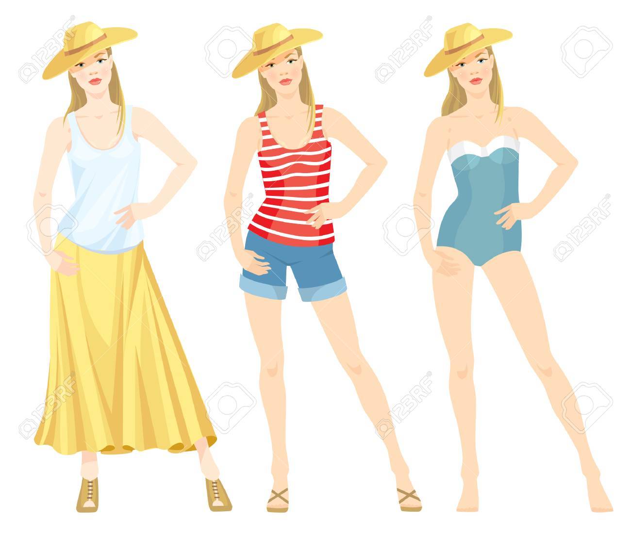 夏服に白い背景の女性のベクトル イラスト 赤の少女は ジーンズ生地のシャツとブルーのショート パンツをストライプ化されます ブルー水着でブロンドの女の子 麦わら帽子 マキシ スカートで上品な女性 のイラスト素材 ベクタ Image 夏服に白い背景の女性のベクトル イラスト 赤の少女は ジーンズ生地のシャツとブルーのショート パンツをストライプ化されます ブルー水着でブロンドの女の子 麦わら帽子 マキシ スカートで上品な女性 のイラスト素材 ベクタ Image