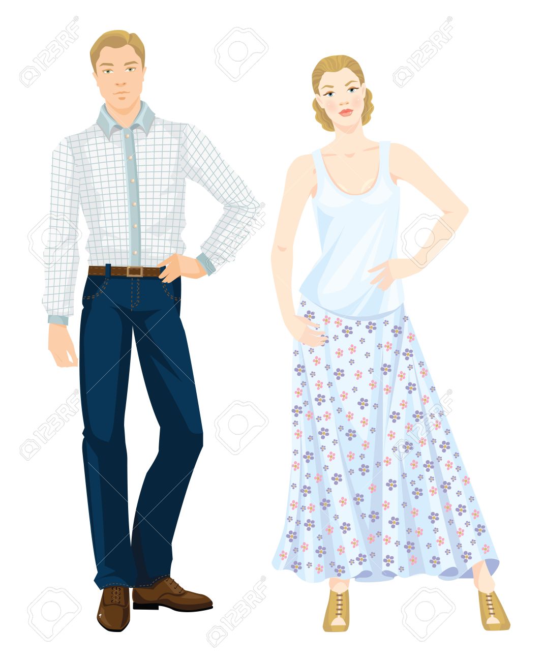 カジュアルな服装の若い人たちのベクトル イラスト 白のブラウスと花柄のスカートのきれいな女性 ブルー ジーンズ 白いシャツ茶色のベルトと茶色のオックスフォード シューズの若い男のイラスト素材 ベクタ Image