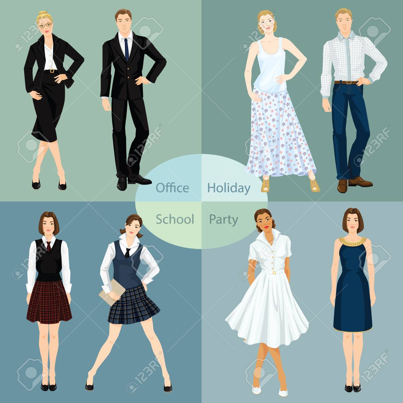 Colección De Hombre Y Mujer En Diferentes Tipos De Ropa. Ilustración Vectorial De Los Jóvenes En La Ropa Para La Oficina, Fiesta, La Escuela Y Vacaciones. Ilustraciones Svg, Vectoriales, Clip Art Vectorizado Colección De Hombre Y Mujer En Diferentes Tipos De Ropa. Ilustración Vectorial De Los Jóvenes En La Ropa Para La Oficina, Fiesta, La Escuela Y Vacaciones. Ilustraciones Svg, Vectoriales, Clip Art Vectorizado