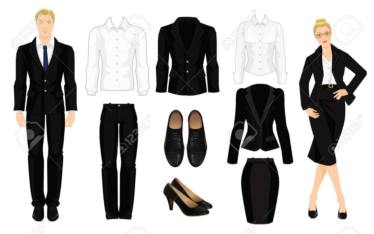Vector illustration of corporate dress code. Office uniform. Clothes for business people. Secretary or professor in official black formal suit. Woman in glasses. Pair of black formal shoes. - 56941928 Vector illustration of corporate dress code. Office uniform. Clothes for business people. Secretary or professor in official black formal suit. Woman in glasses. Pair of black formal shoes. - 56941928