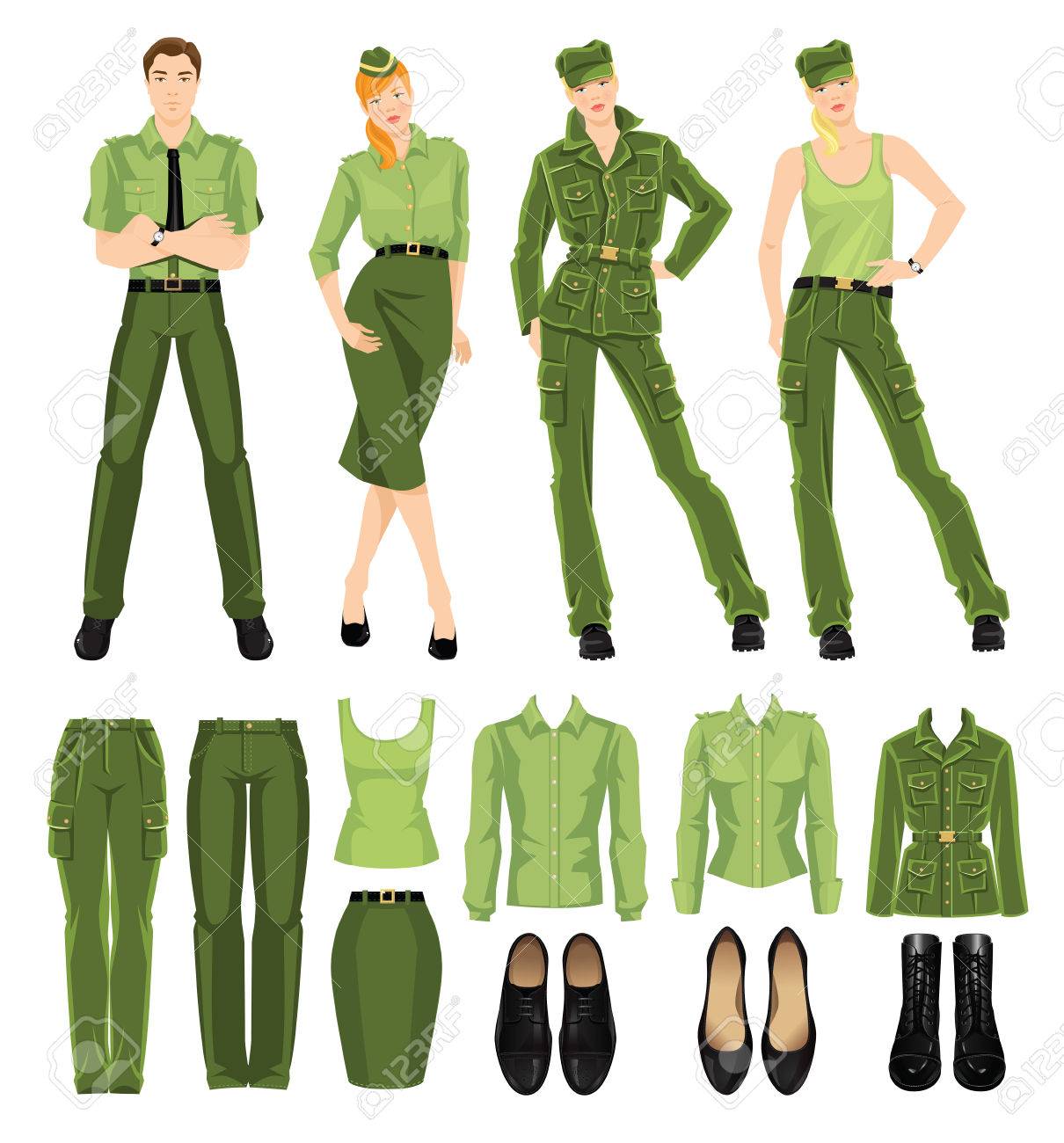 ポーズを別の人の兵士のグループ 白い背景に分離された軍の制服と黒靴のイラスト素材 ベクタ Image