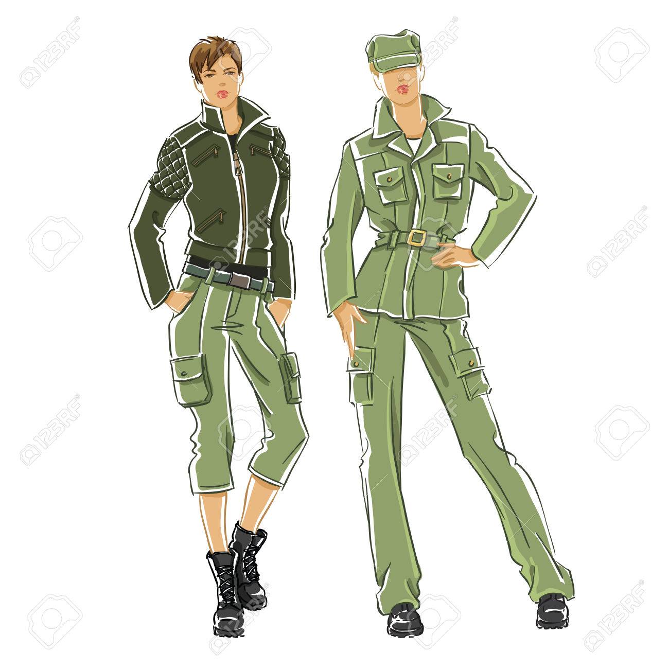 白い背景に分離された軍服の女性のスケッチのイラスト素材 ベクタ Image