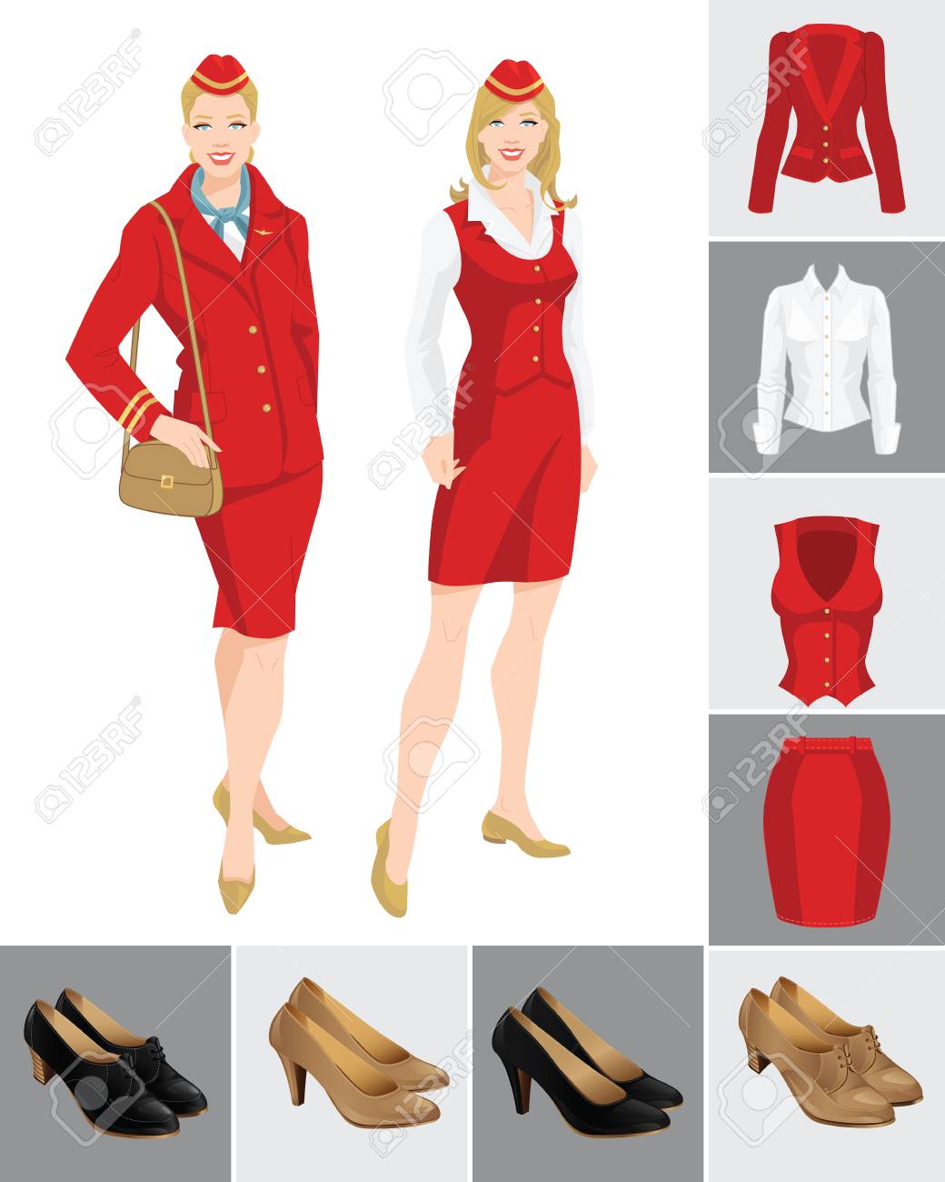 企業のドレスコードのベクター イラストです フォーマルなスーツと靴の色の背景に分離されました 制服を着た若い女性 のイラスト素材 ベクタ Image