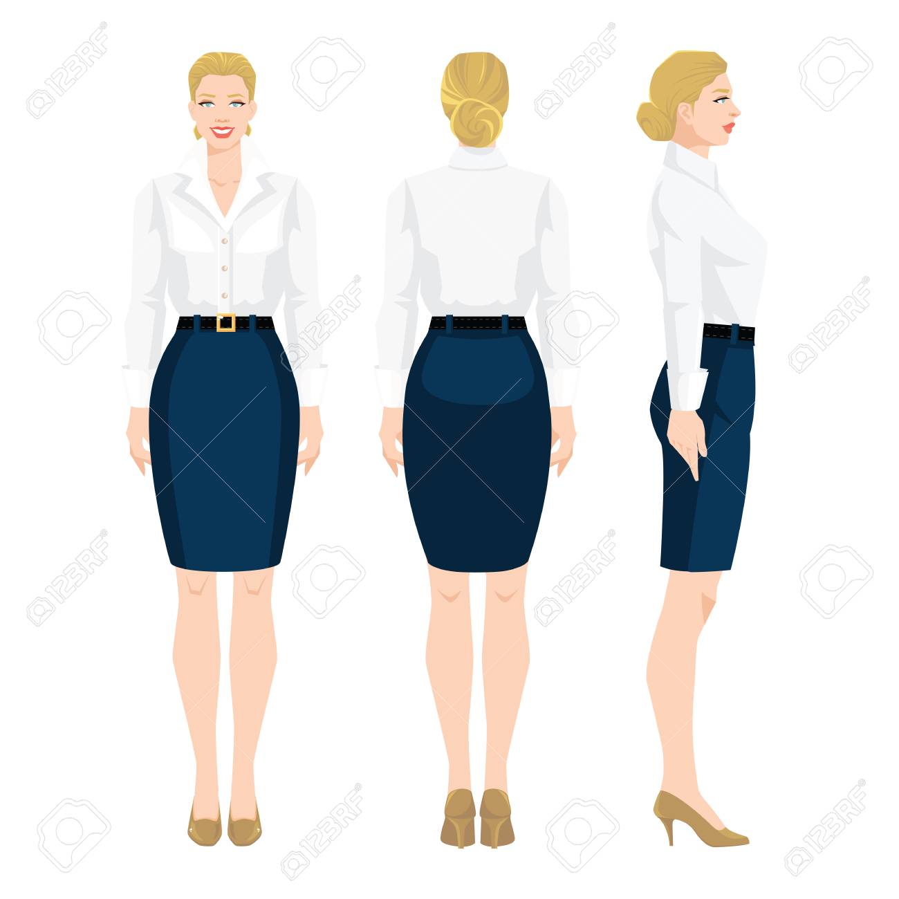 正式な青いスカート 白いブラウス 白い背景の上の高さヒールの靴で女性のベクトル イラスト 様々 な女の姿になります 正面図と背面図 のイラスト素材 ベクタ Image