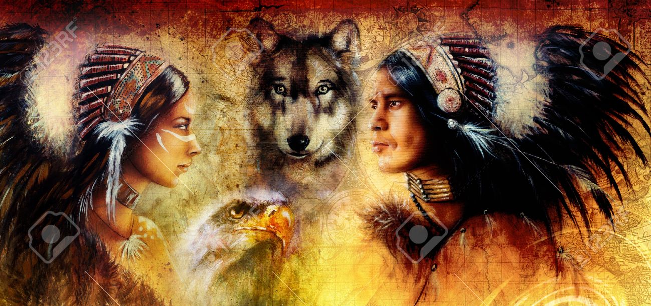 背景黄色の髪飾りのオオカミおよびワシに伴うインド青年男女の美しい絵画 の写真素材 画像素材 Image