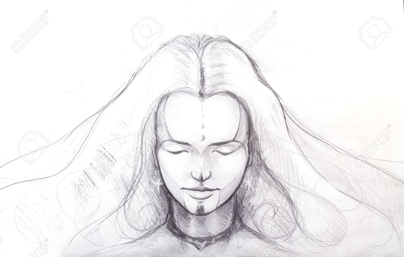 Pencil Drawing Of Beautiful Meditation Girl And Tattoo On Face