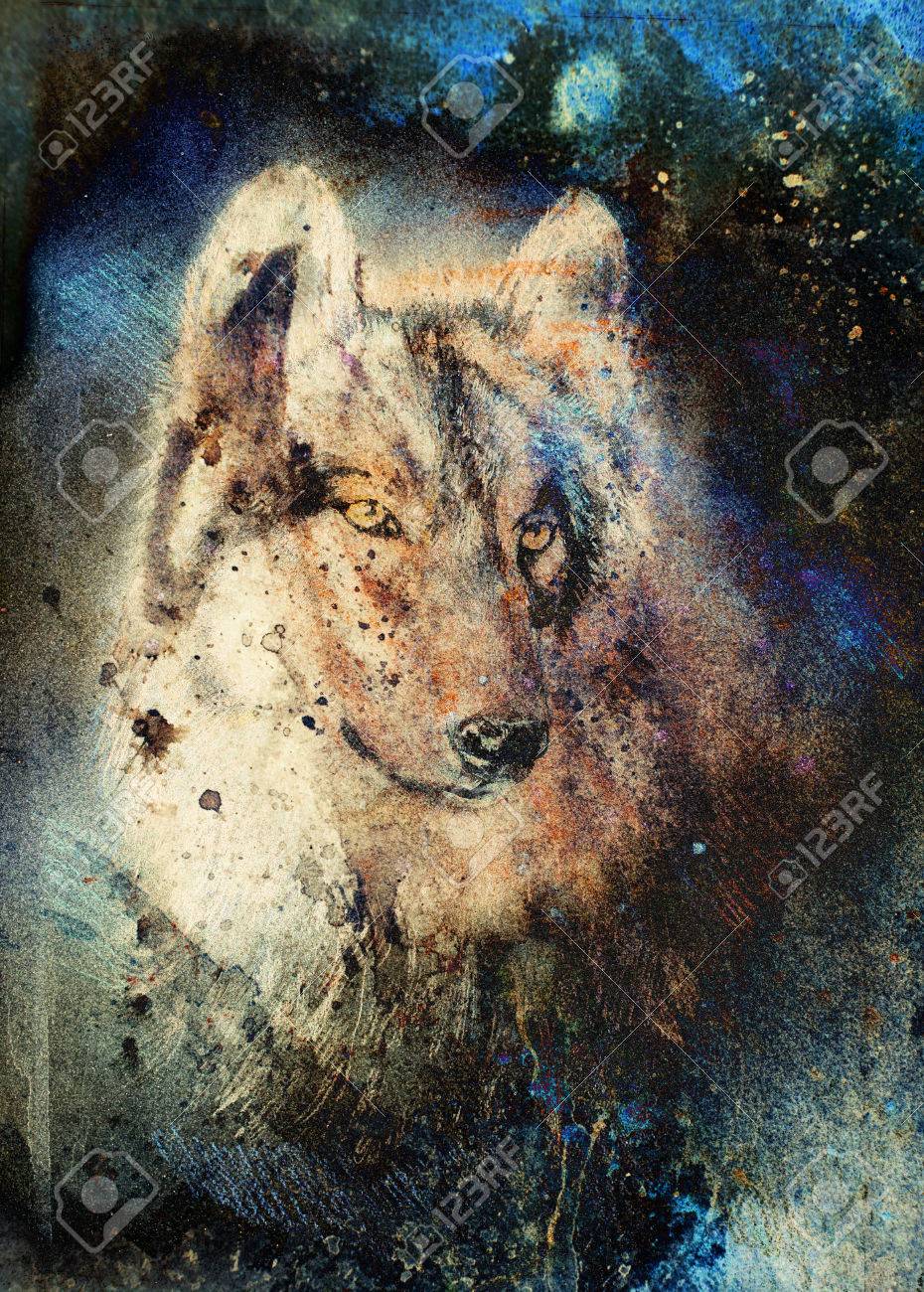 オオカミの絵 背景に色の抽象的な効果 の写真素材 画像素材 Image