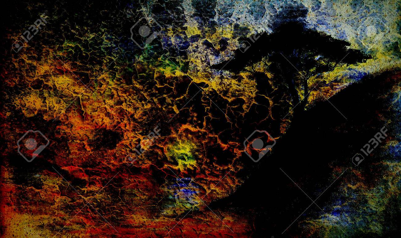 Peinture Coucher Du Soleil La Mer Et Larbre Fond Décran Paysage Couleur Collage Et Abstrait De Grunge Avec Des Taches