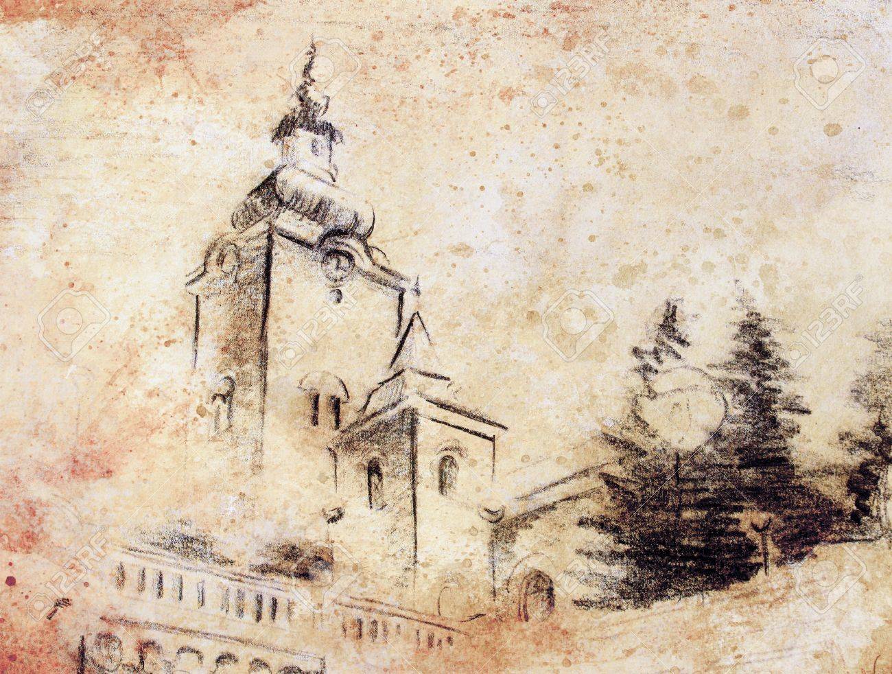 Pencil sketch church drawing on vintage paper