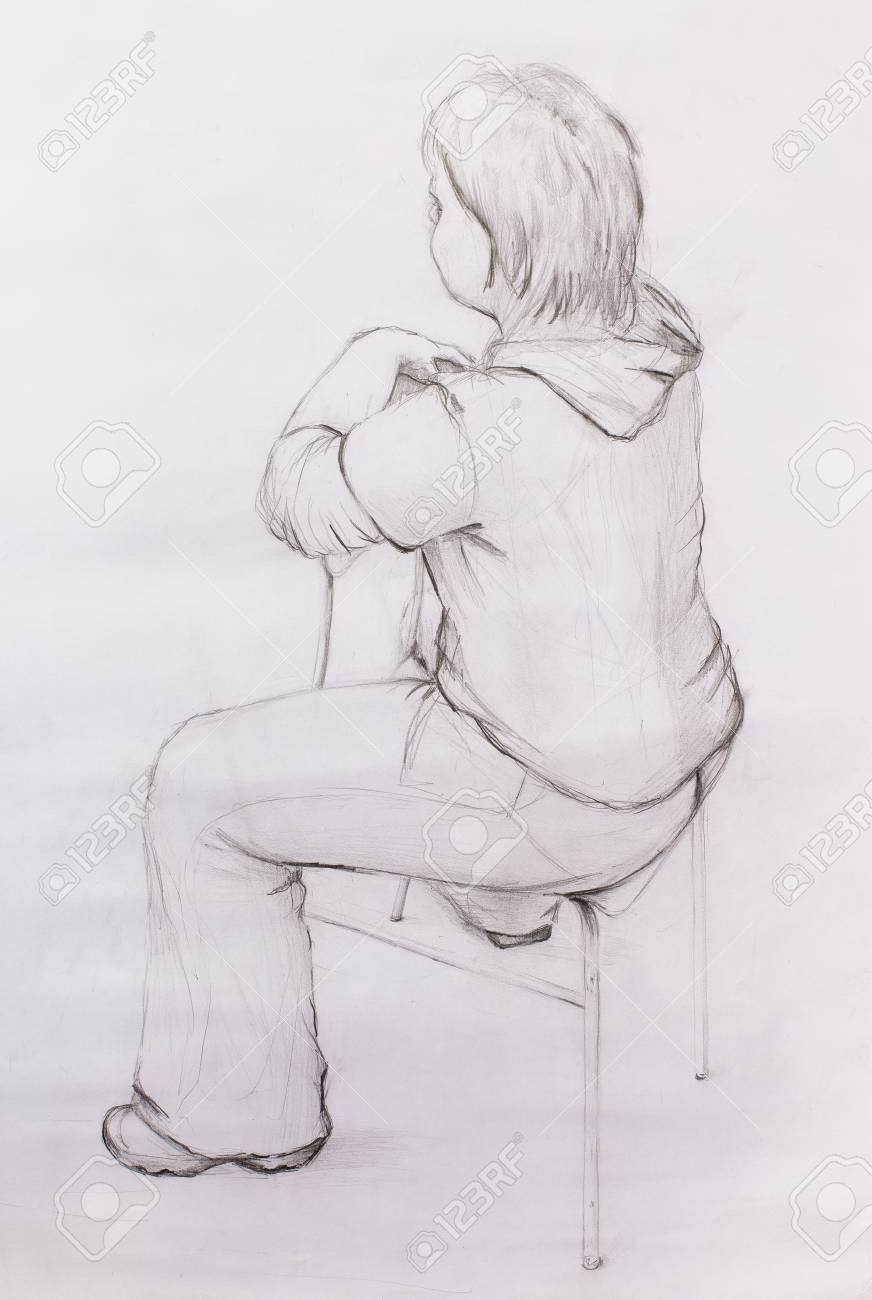 Art Drawing Beautiful Girl Sitting On A Chair And White Background