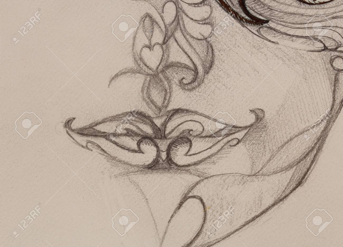 Drawing Ornamental Woman Lips Pencil Sketch On Paper Sepia