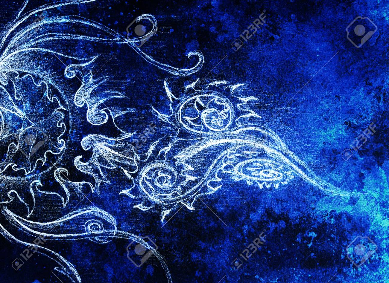 Ornemental Filigran Dessin Sur Papier Avec Des Spirales Des Pétales De Fleurs Et De La Structure Patron De La Flamme Leffet Couleur Et Collage