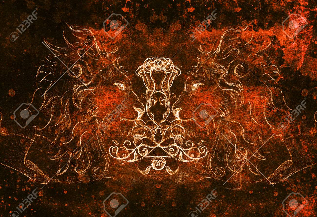 Lion Avec Rose Et Le Ruban Avec Lornement Dessin à La Main Original Croquis Au Crayon Sur Papier Effet De Couleur