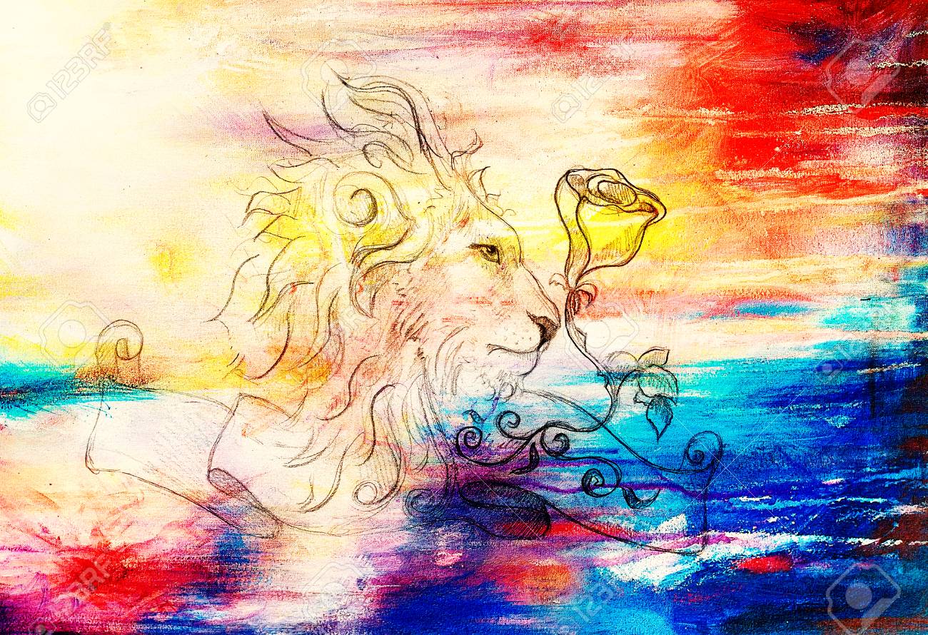 Lion Avec Rose Et Le Ruban Avec Lornement Dessin à La Main Original Croquis Au Crayon Sur Papier Effet De Couleur