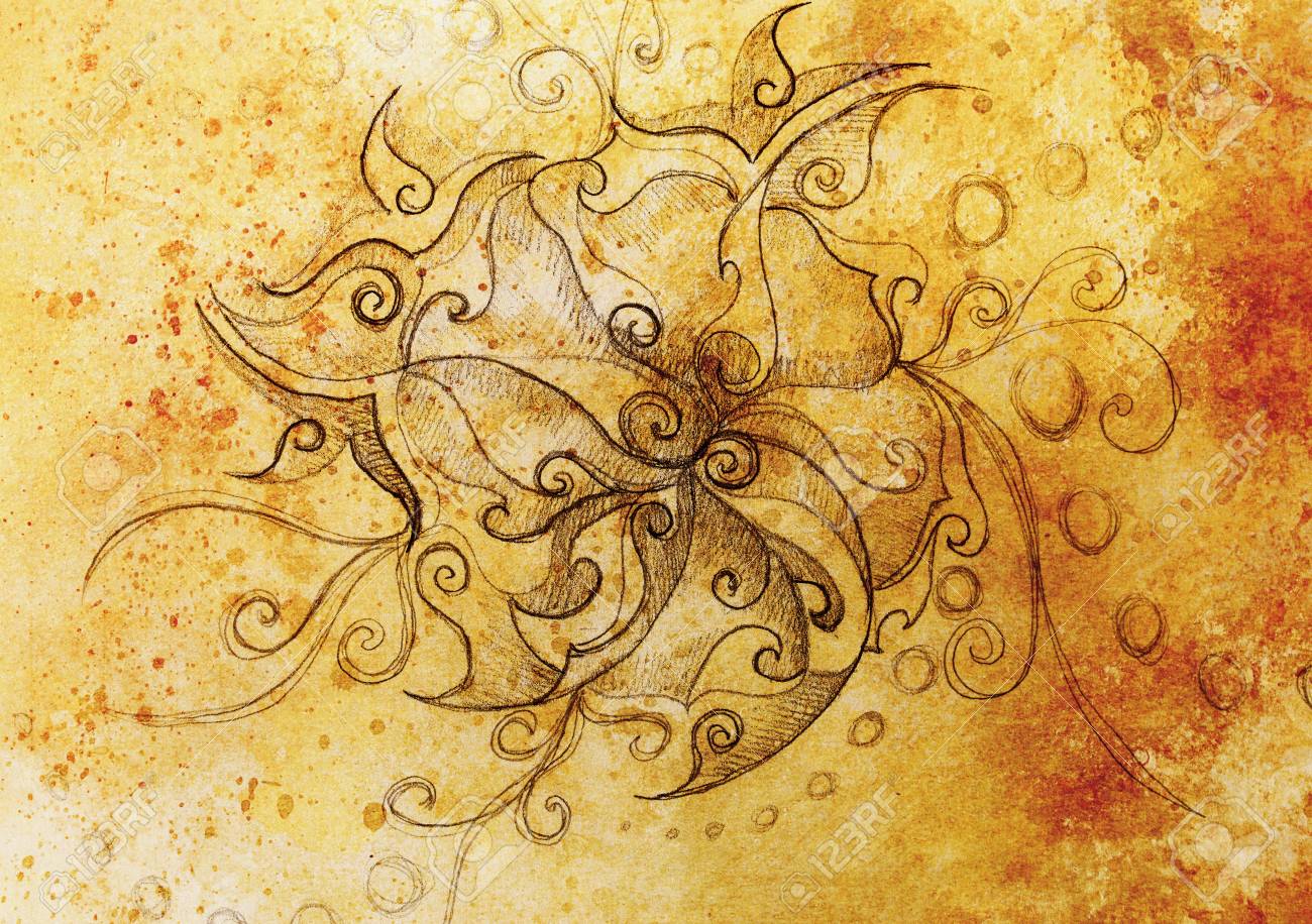 Ornemental Filigran Dessin Sur Papier Avec Des Spirales Des Pétales De Fleurs Et De La Structure Patron De La Flamme Leffet Couleur Et Collage