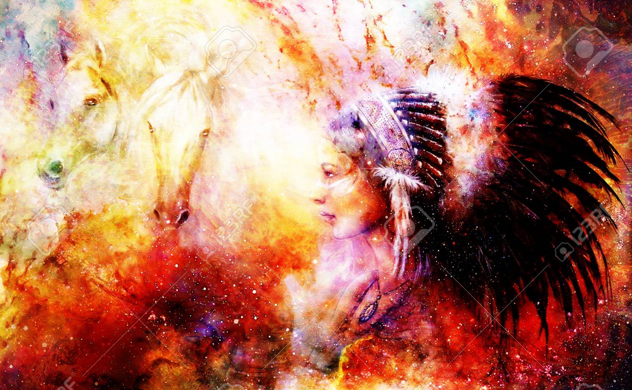 Jeune Femme Indienne Indigene Portant Une Coiffe De Plumes Magnifique Avec Deux Chevaux Et Cosmique De Fond De L Espace Banque D Images Et Photos Libres De Droits Image
