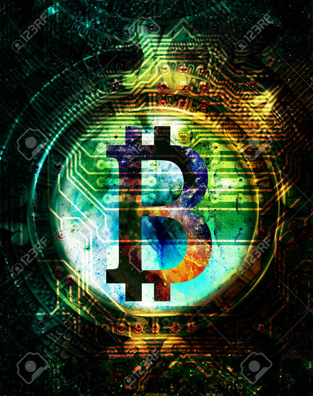 Concepto De Criptomoneda De Bitcoin, Collage Gráfico En El Espacio Cósmico.  Fotos, retratos, imágenes y fotografía de archivo libres de derecho. Image  97426678