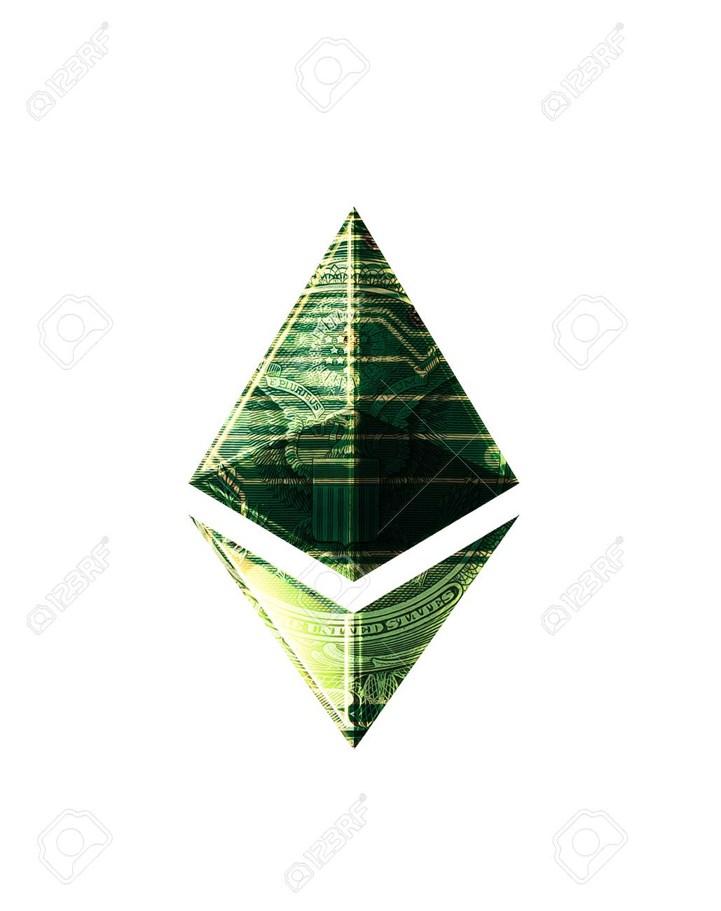 이더 리움 암호 화폐 개념, 그래픽 콜라주, 달러 효과. 로열티 무료 사진, 그림, 이미지 그리고 스톡포토그래피. Image  97531912