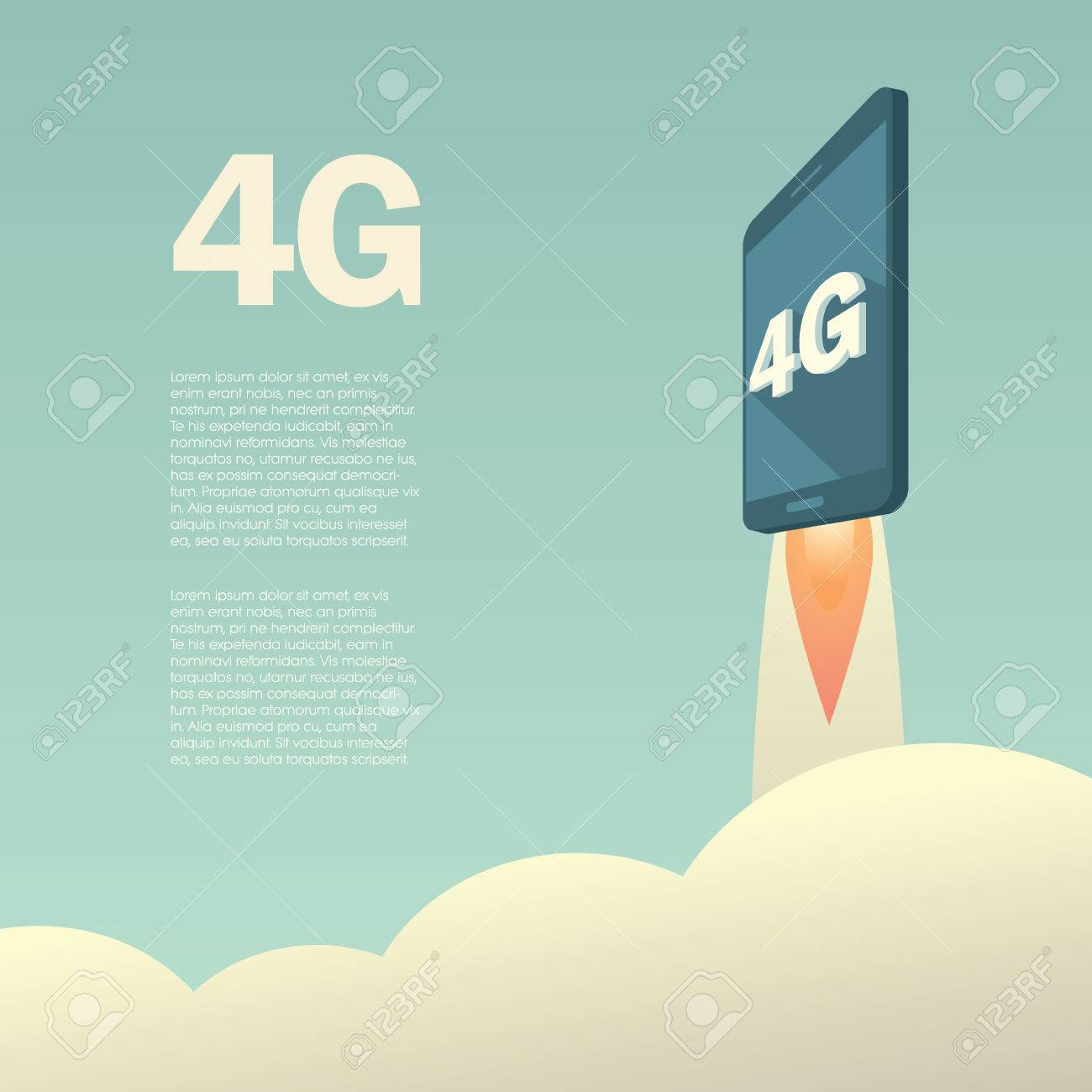 4g or lte presentation poster template with smartphone flying