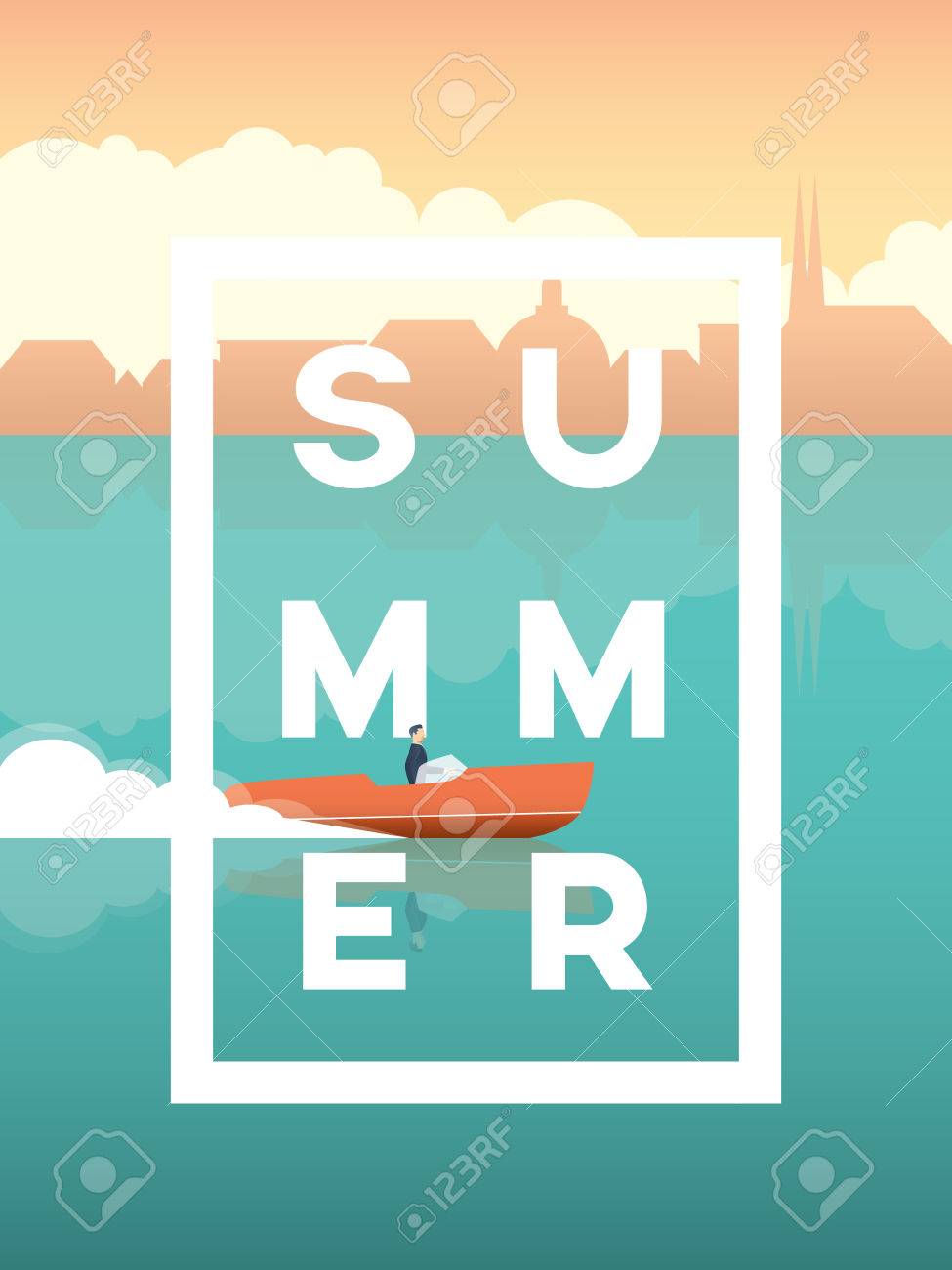 summer holiday poster template with speed boat and old city in holiday poster template
