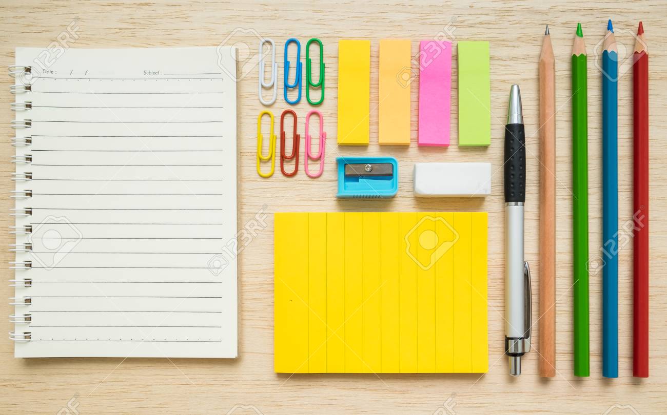 colorful set of stationery notepad paper clips sticky notes