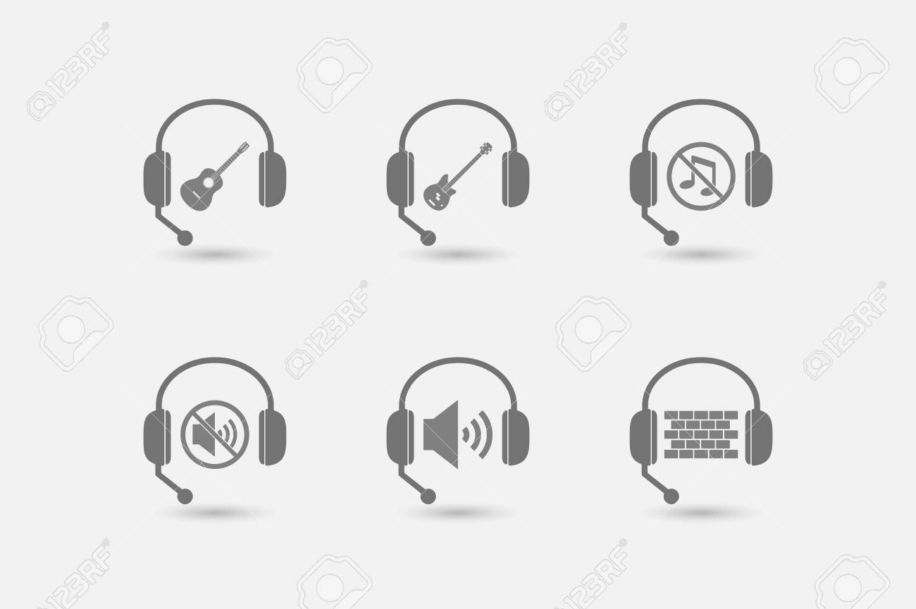 音と音楽とハンズフリー ヘッド セットのグループ関連アイコンのイラスト素材 ベクタ Image