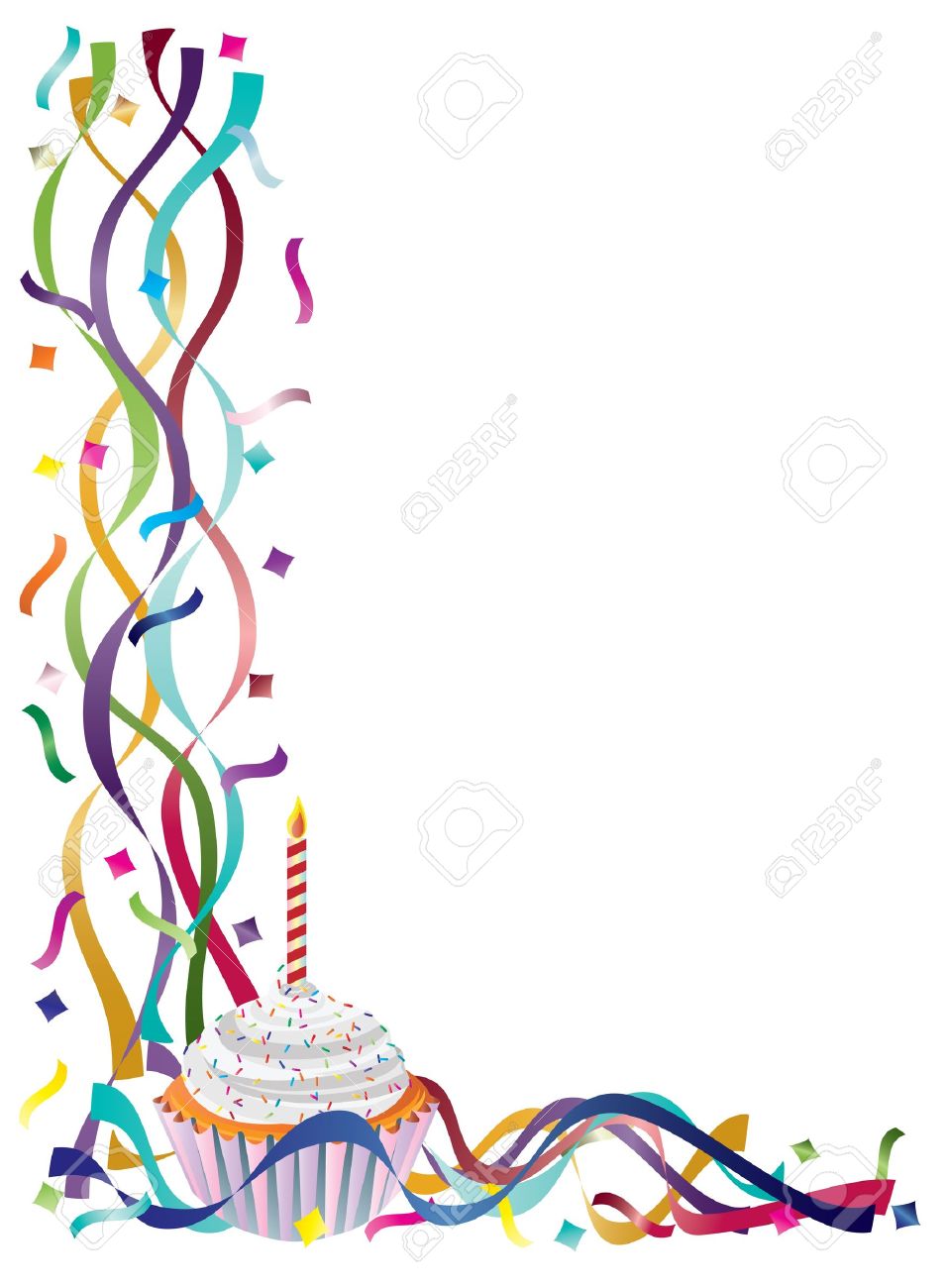 birthday cupcake with colorful ribbons and confetti border birthday ribbons images