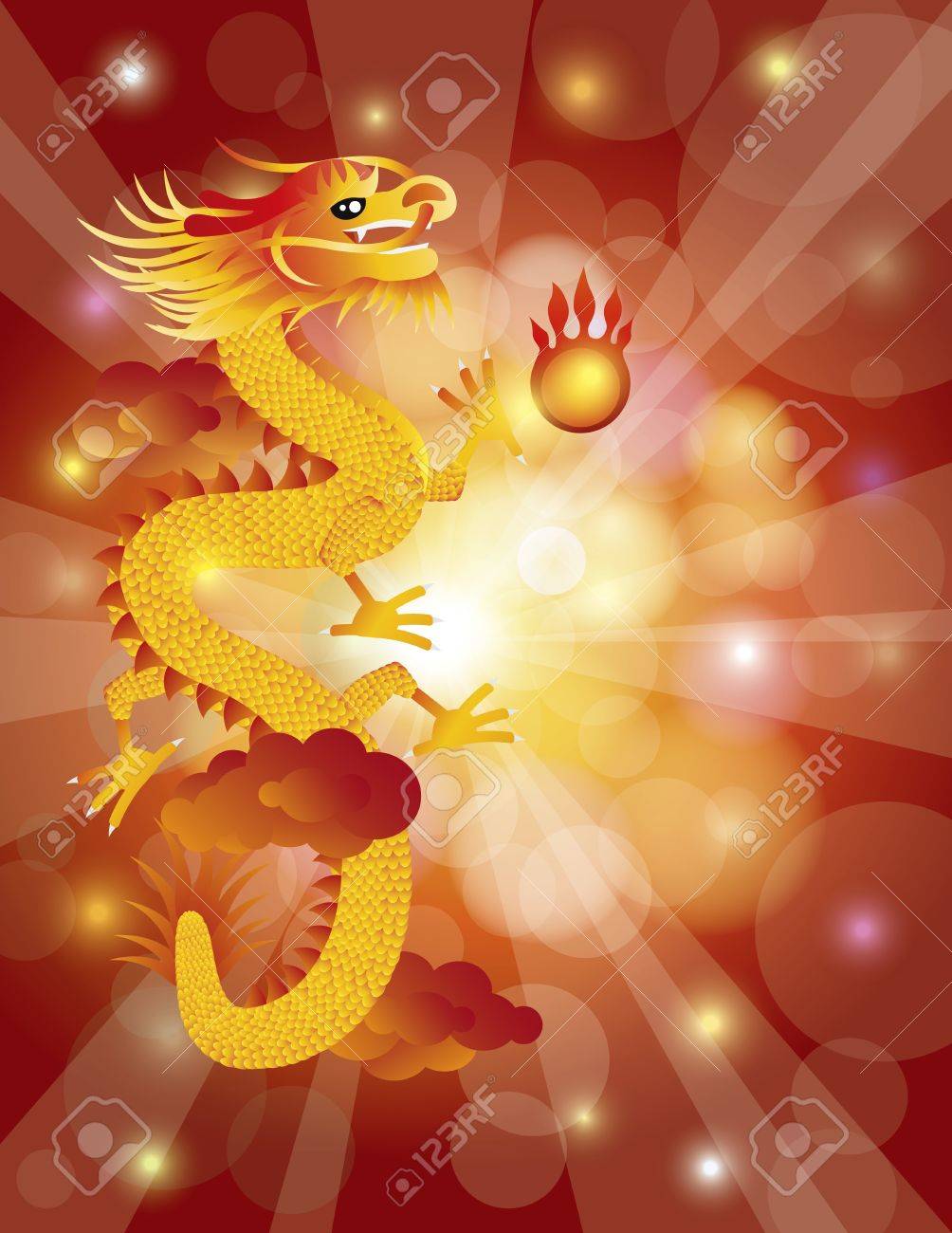 Chinese Lunar New Year Dragon With Flaming Pearl On Clouds And Red Bokeh Background Illustration Royalty Free Cliparts Vectors And Stock Illustration Image