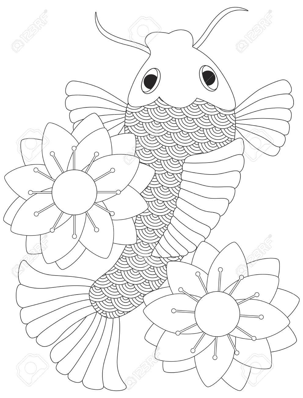 Koi Fish Japonais Ou Carpe Chinoise Avec Lotus Flower Illustration Dessin Au Trait Isolé Sur Fond Blanc
