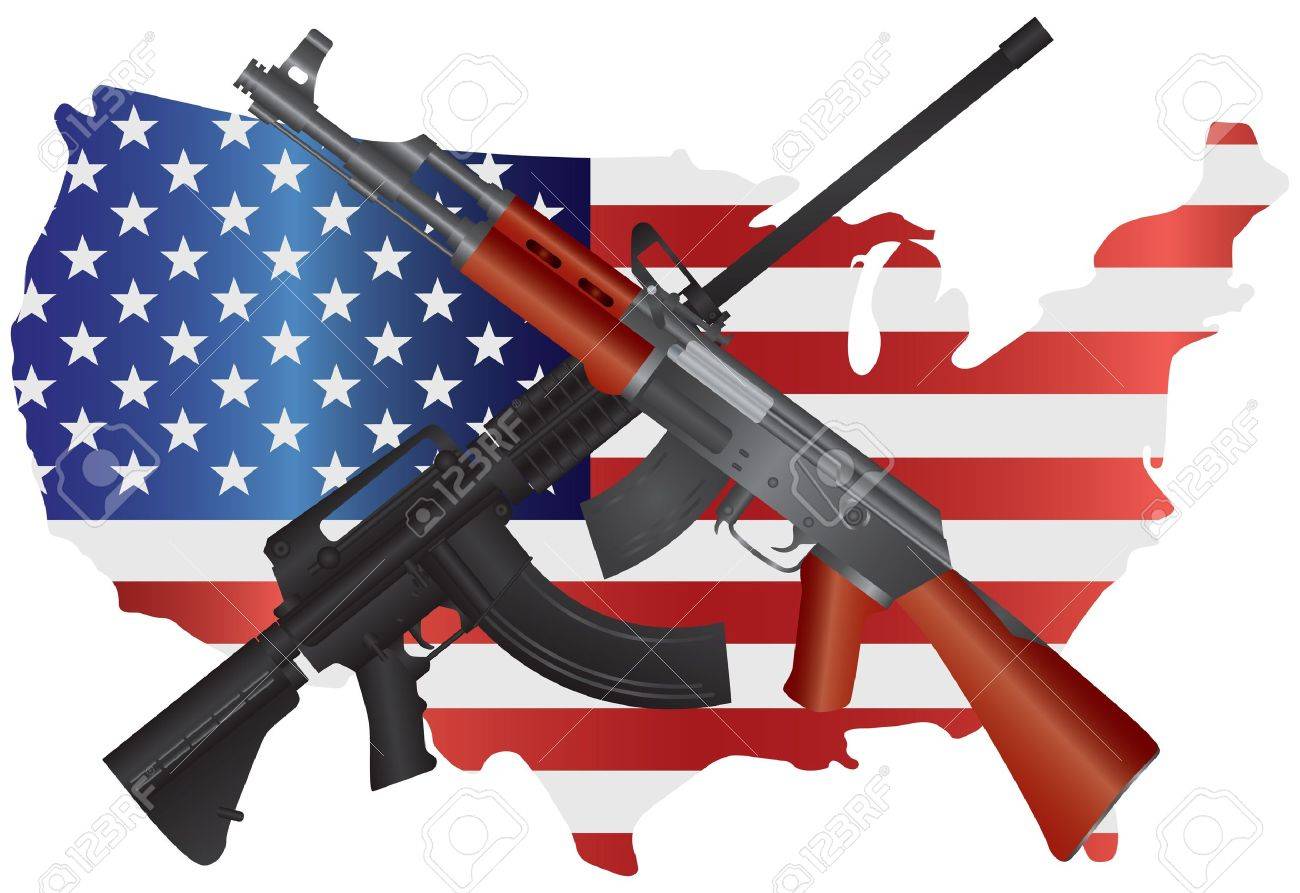 Sturmgewehre Ar 15 Und Ak 47 Semi Automatic Waffen Auf Usa Karte Flagge Zweiten Anderung Consitution Illustration Lizenzfrei Nutzbare Vektorgrafiken Clip Arts Illustrationen Image