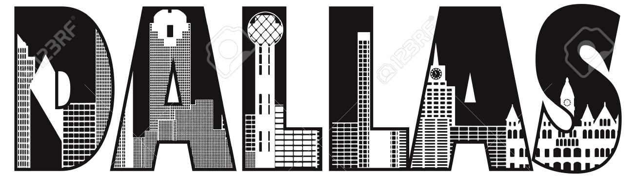 dallas texas city skyline text outline black and white silhouette