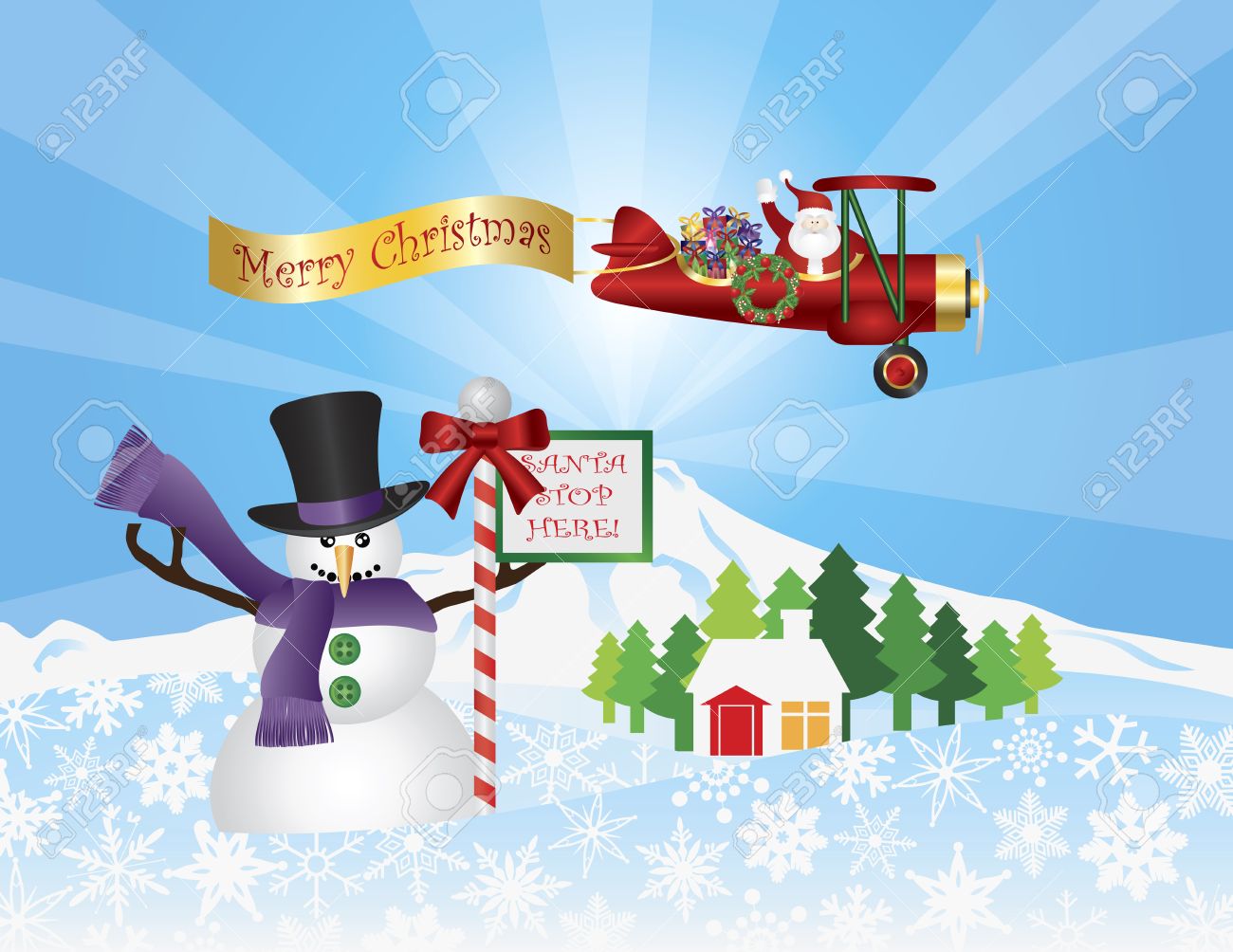 Santa Claus In Doppeldecker Fliegen Uber Den Winter Schnee Szene