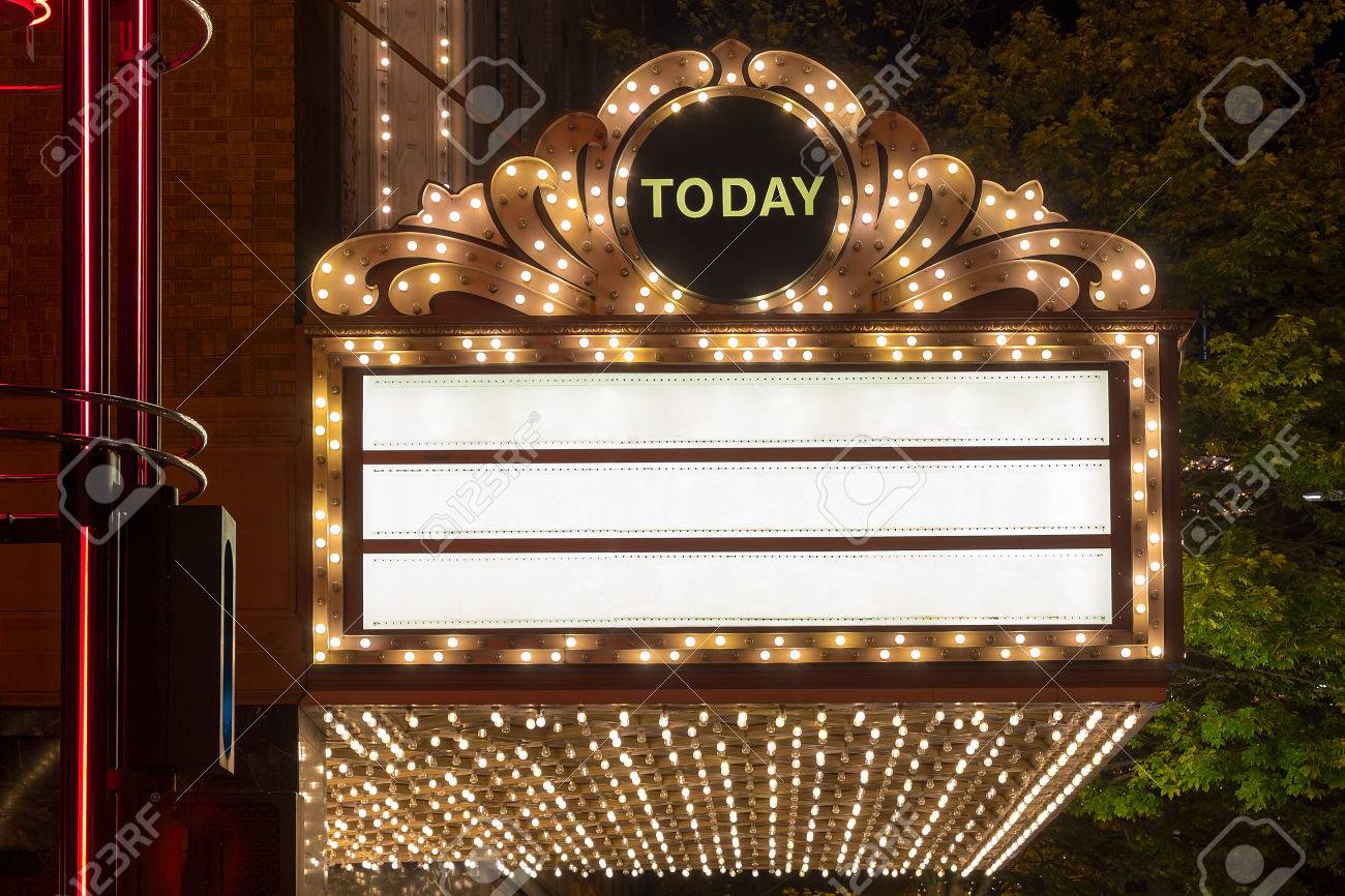 marquee lights on broadway theater exterior blank stock photo