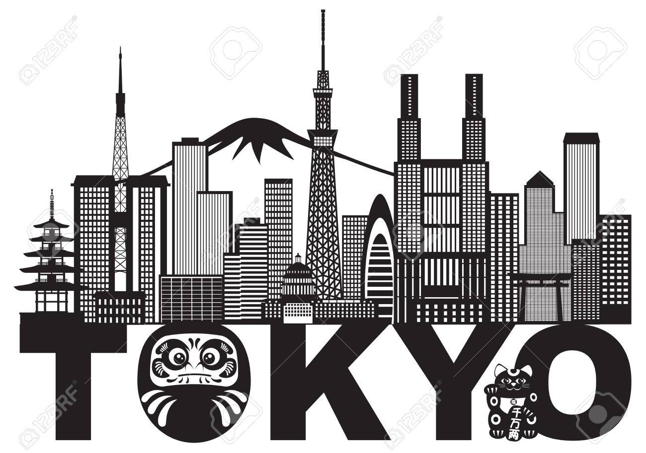 Tokyo Japon Ville Horizon Panorama Daruma Poupée Maneki Neko Chat Texte Noir Blanc Illustration
