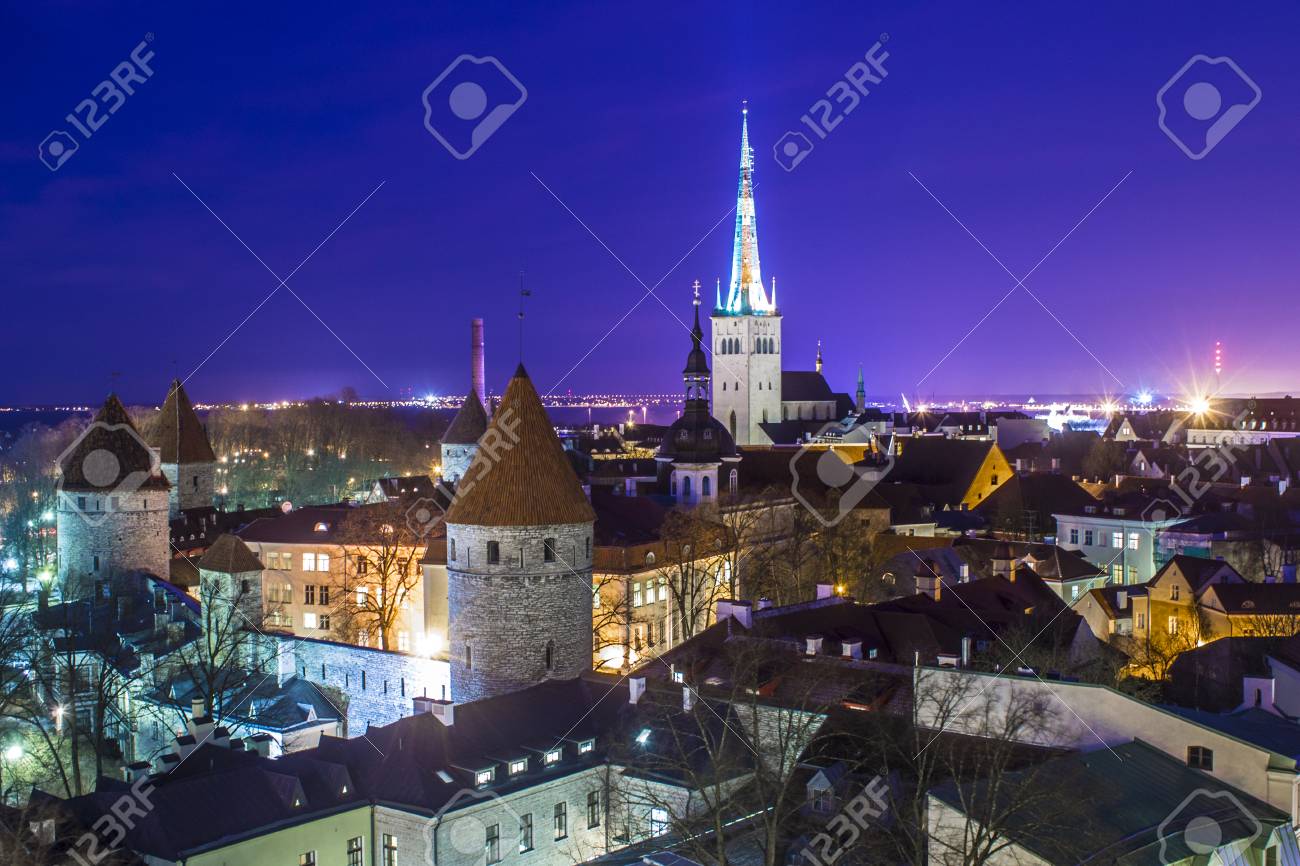 Aerial View Of The Old City Of Tallinn At Sunset From A Viewpoint