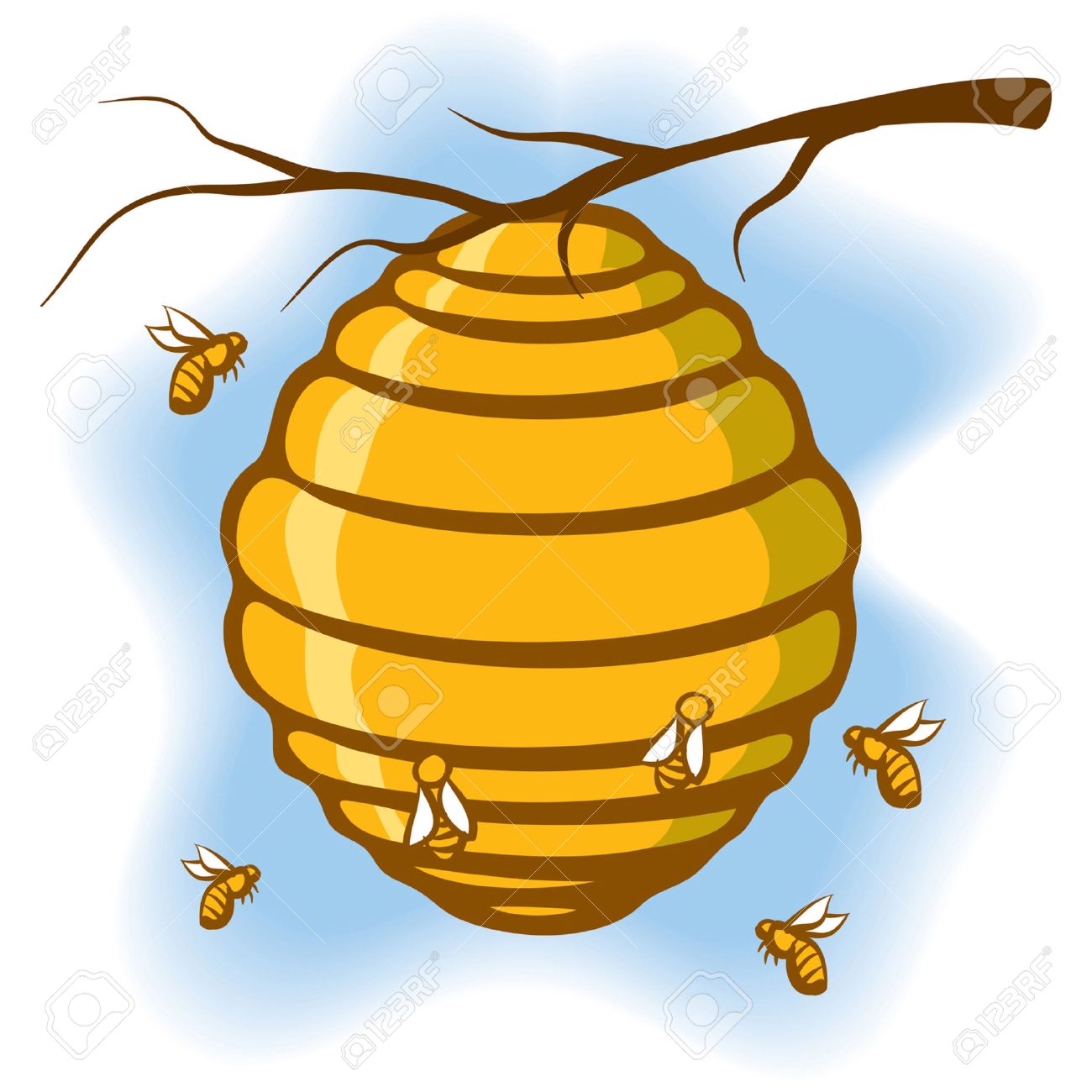 an illustration of a beehive suspended from a tree with bees