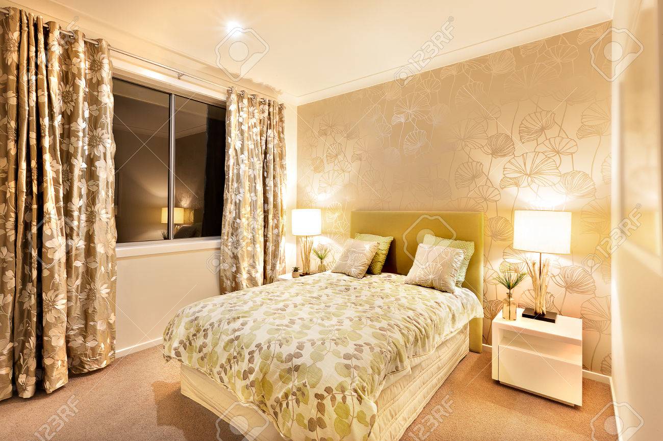 Beautiful Bedroom In A Luxury Hotel Or House Illuminated Wall