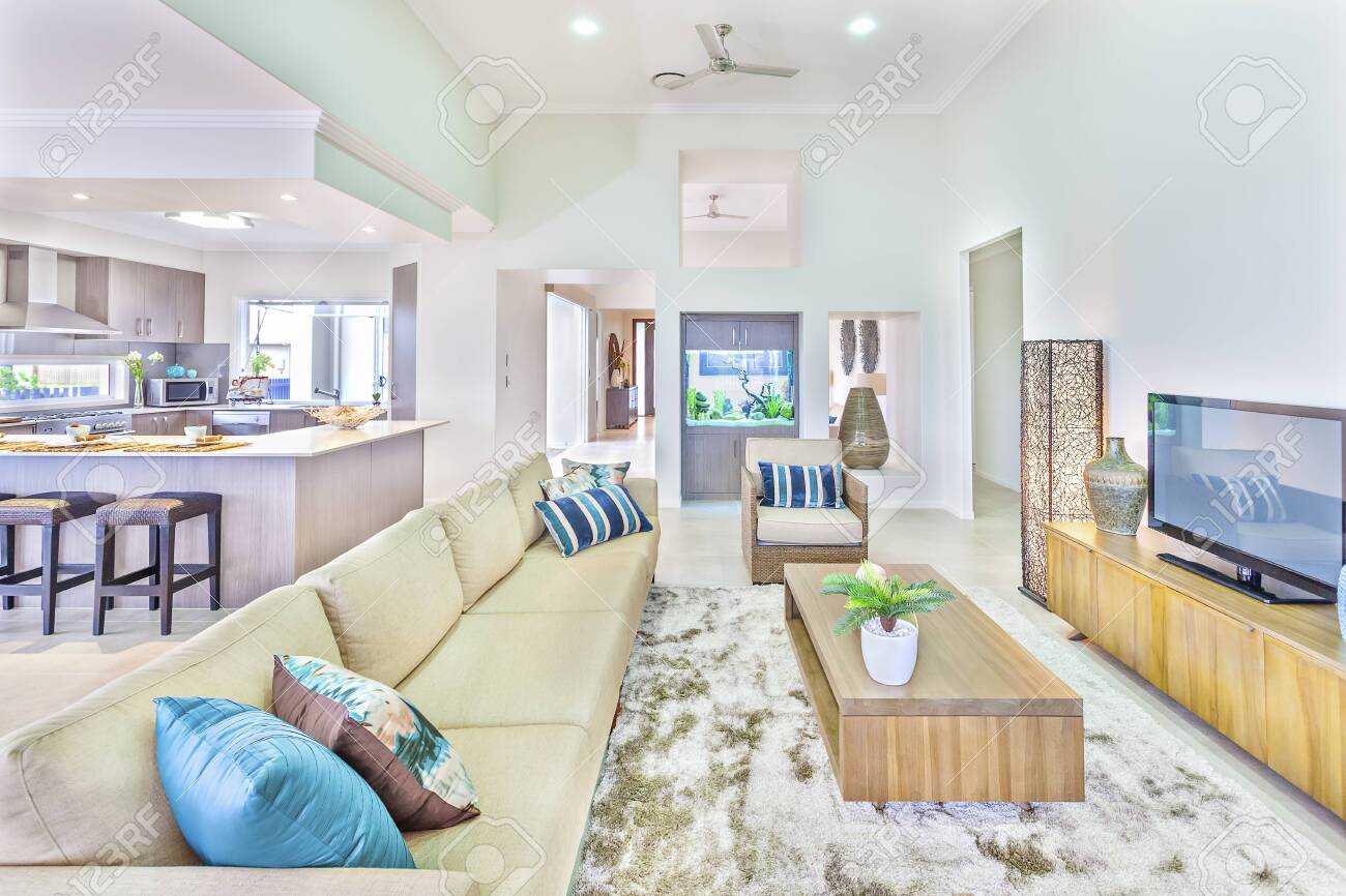 Living Room With Luxury Look Near Kitchen Wooden Dining Table