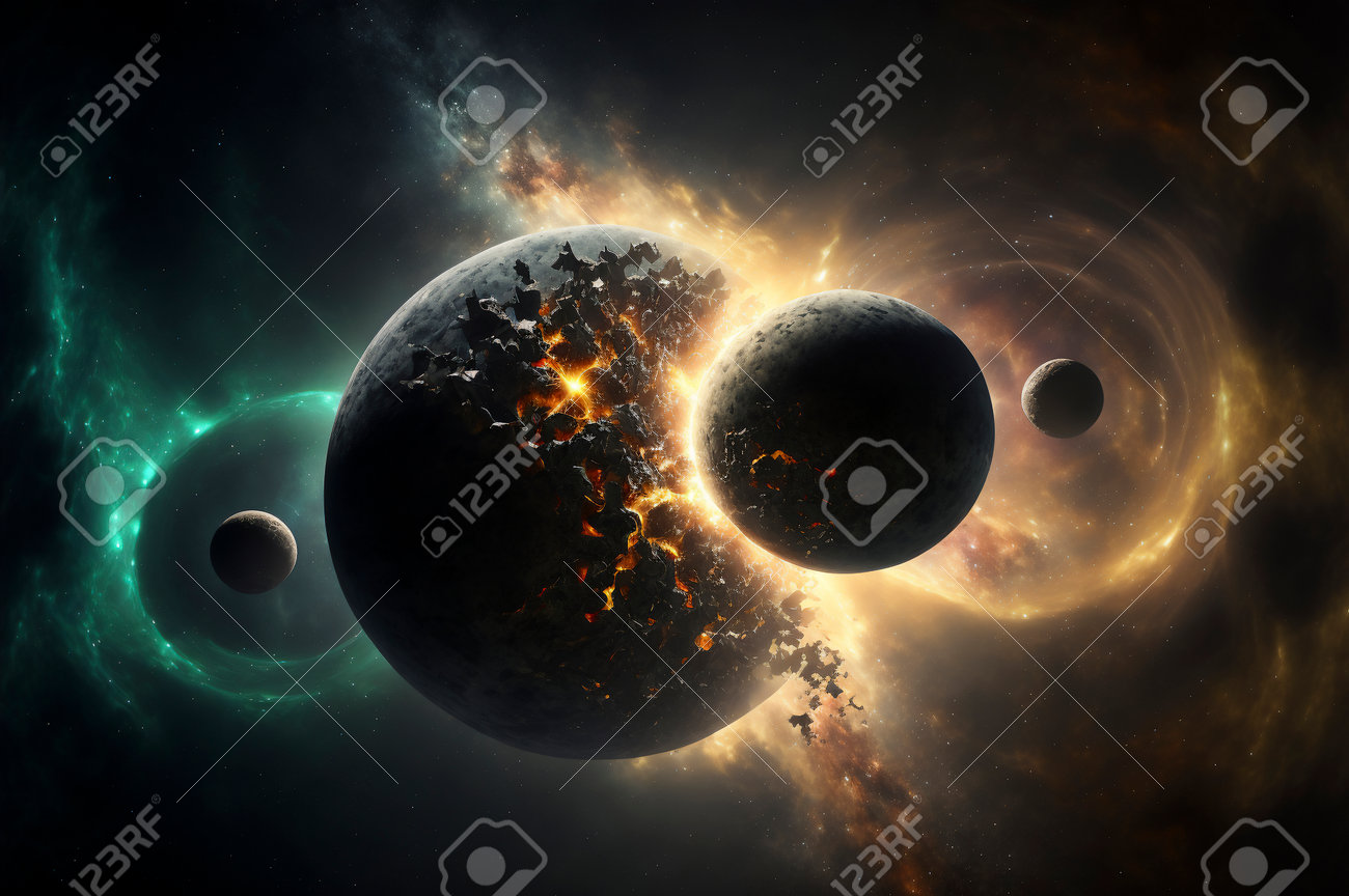 Collision Of Two Planets In Open Space. Created With Generative AI