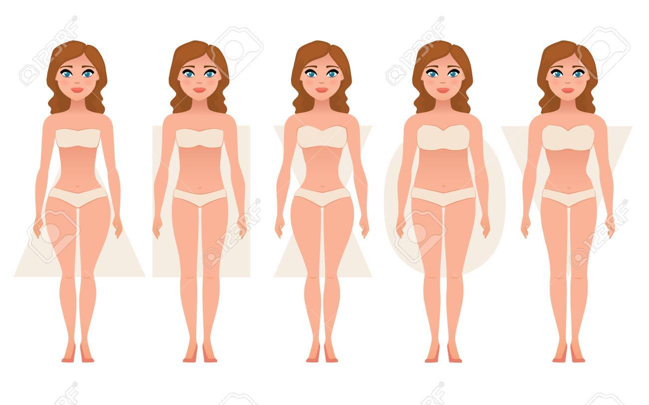 Figuras del cuerpo femenino. Formas de mujer, cinco tipos de reloj de arena, triángulo, triángulo invertido, rectángulo pera, ilustración vectorial Figuras del cuerpo femenino. Formas de mujer, cinco tipos de reloj de arena, triángulo, triángulo invertido, rectángulo pera, ilustración vectorial