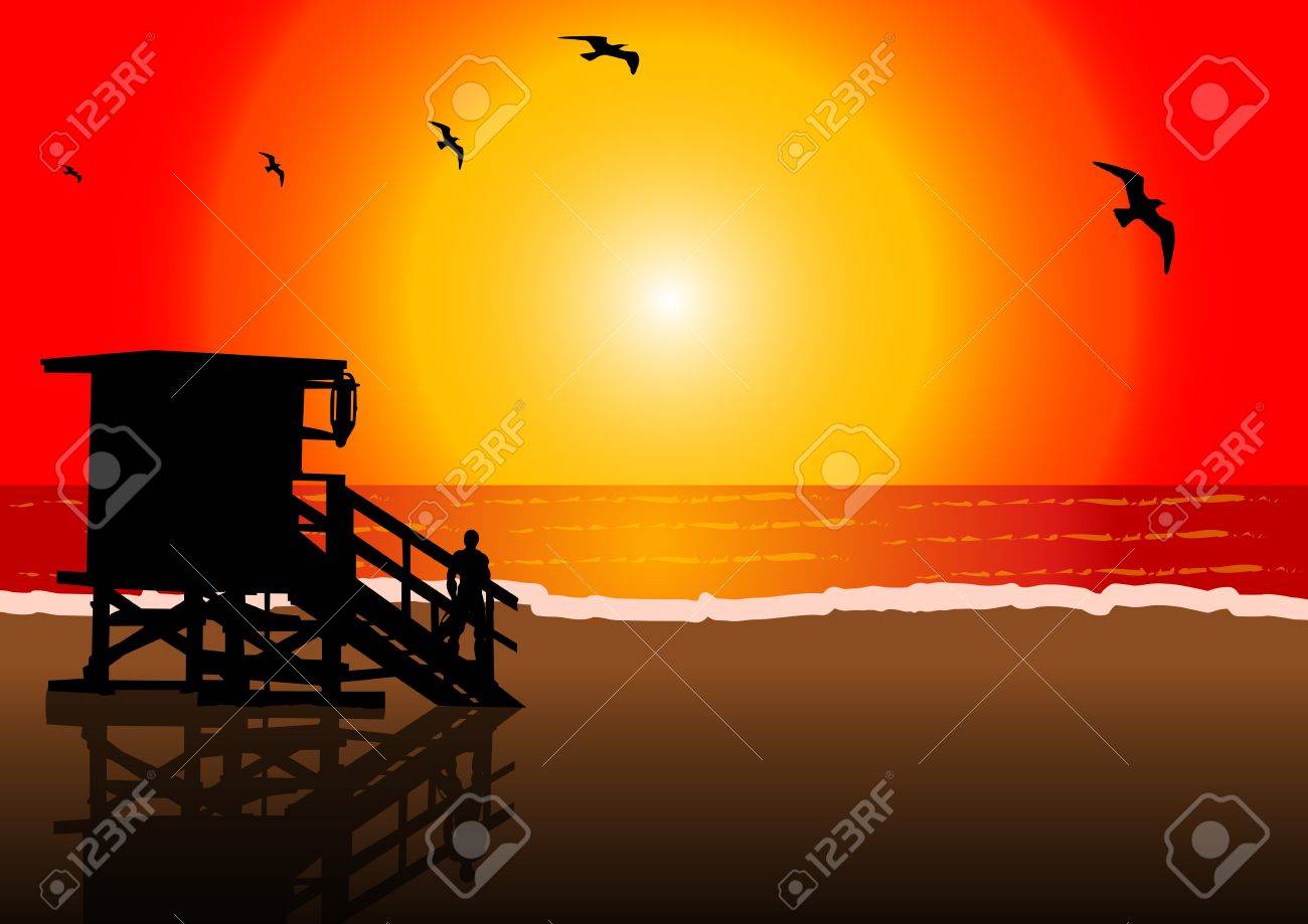 夕暮れ時のビーチのライフガードの小屋のベクトル イラスト のイラスト素材 ベクタ Image