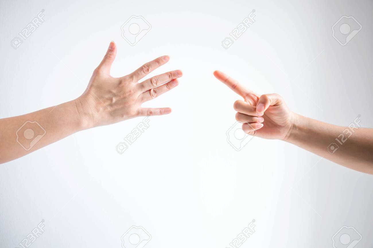 Two Person Playing Rock Paper Scissors One Hand Showing Paper