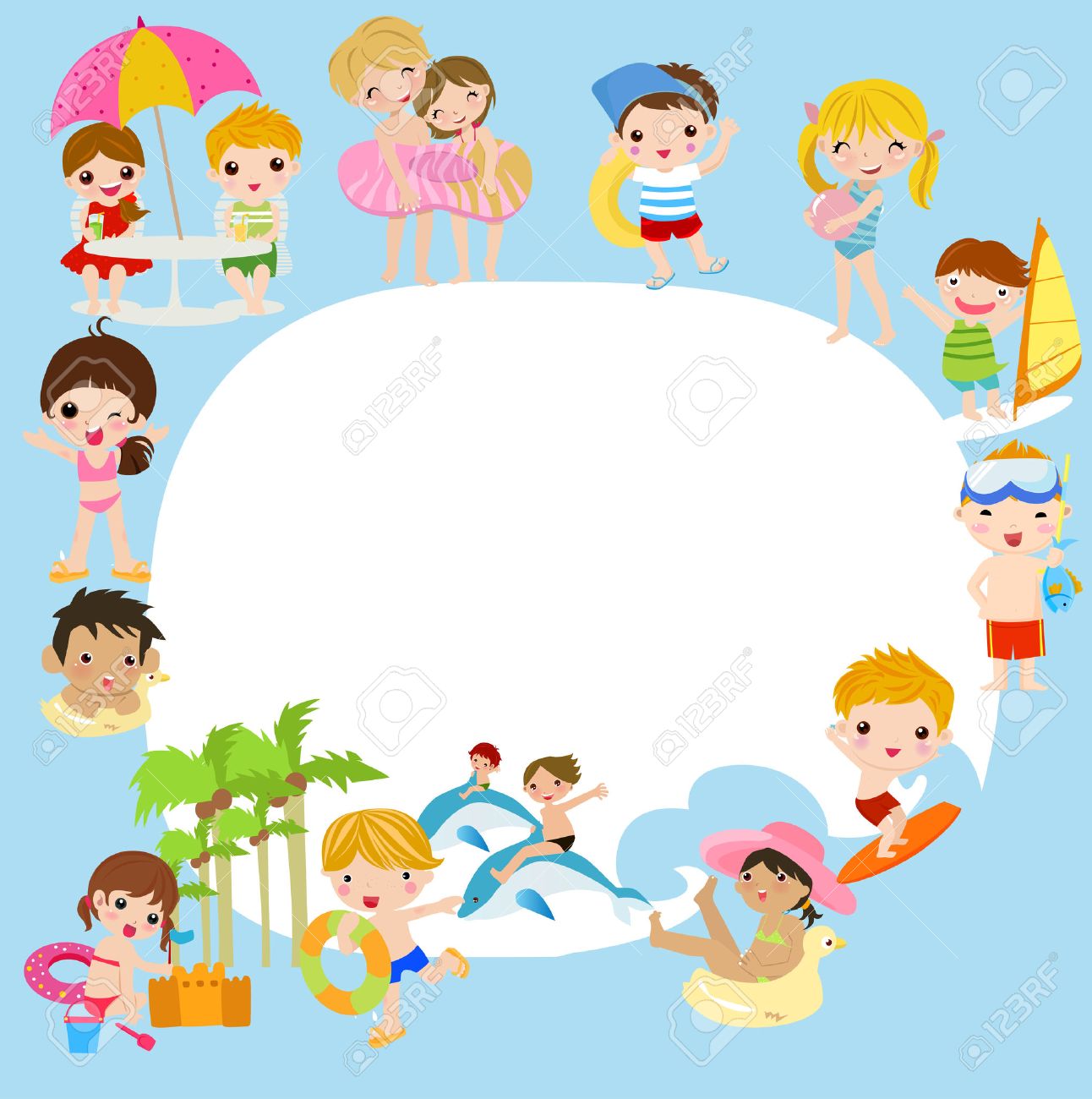 夏の子供たちとフレームのグループのイラスト素材 ベクタ Image