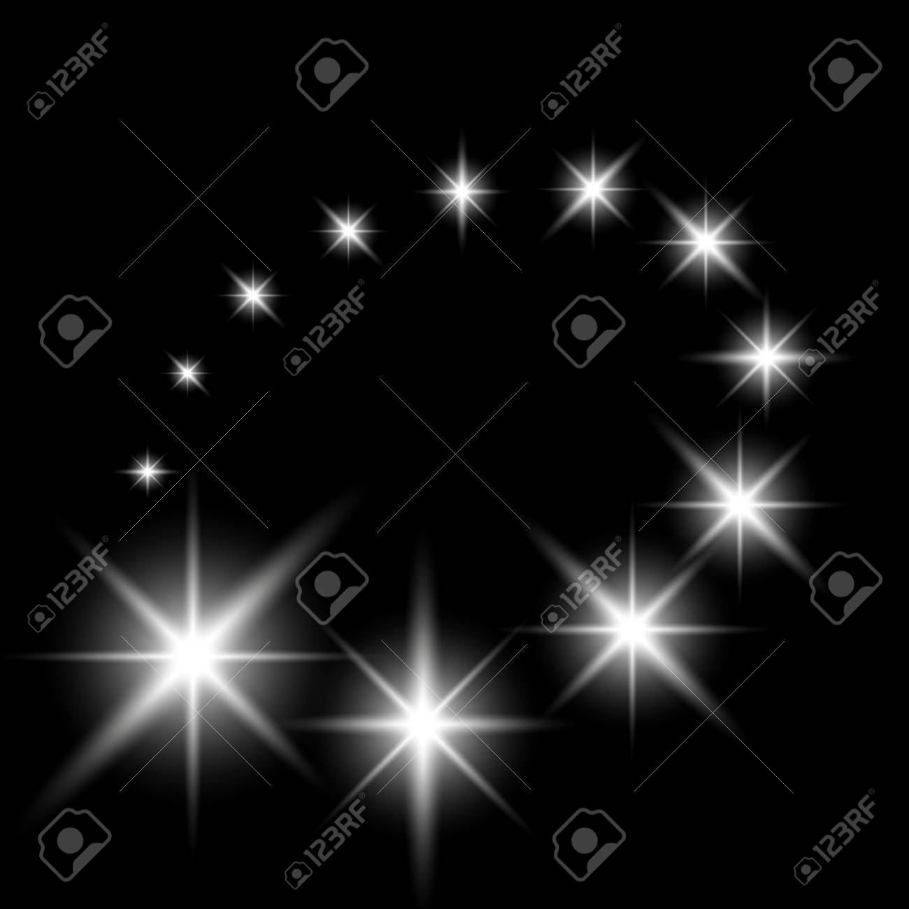 Glittering Flying Stars With Star Dust, Glowing Stars On Black Background,  Light Effect, White Color. Royalty Free SVG, Cliparts, Vectors, and Stock  Illustration. Image 98351212., image size:1300x1300