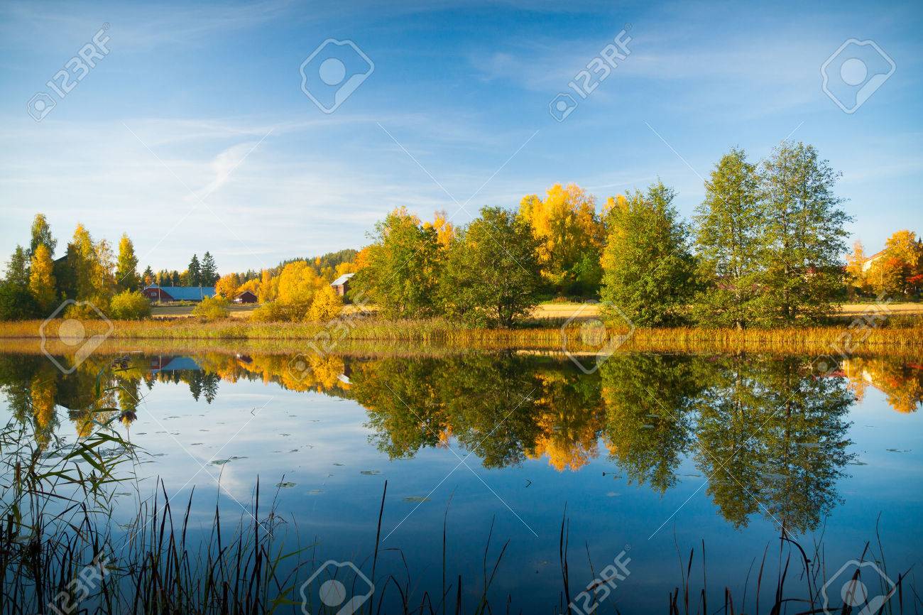 フィンランドの穏やかな水秋の自然反射 の写真素材 画像素材 Image