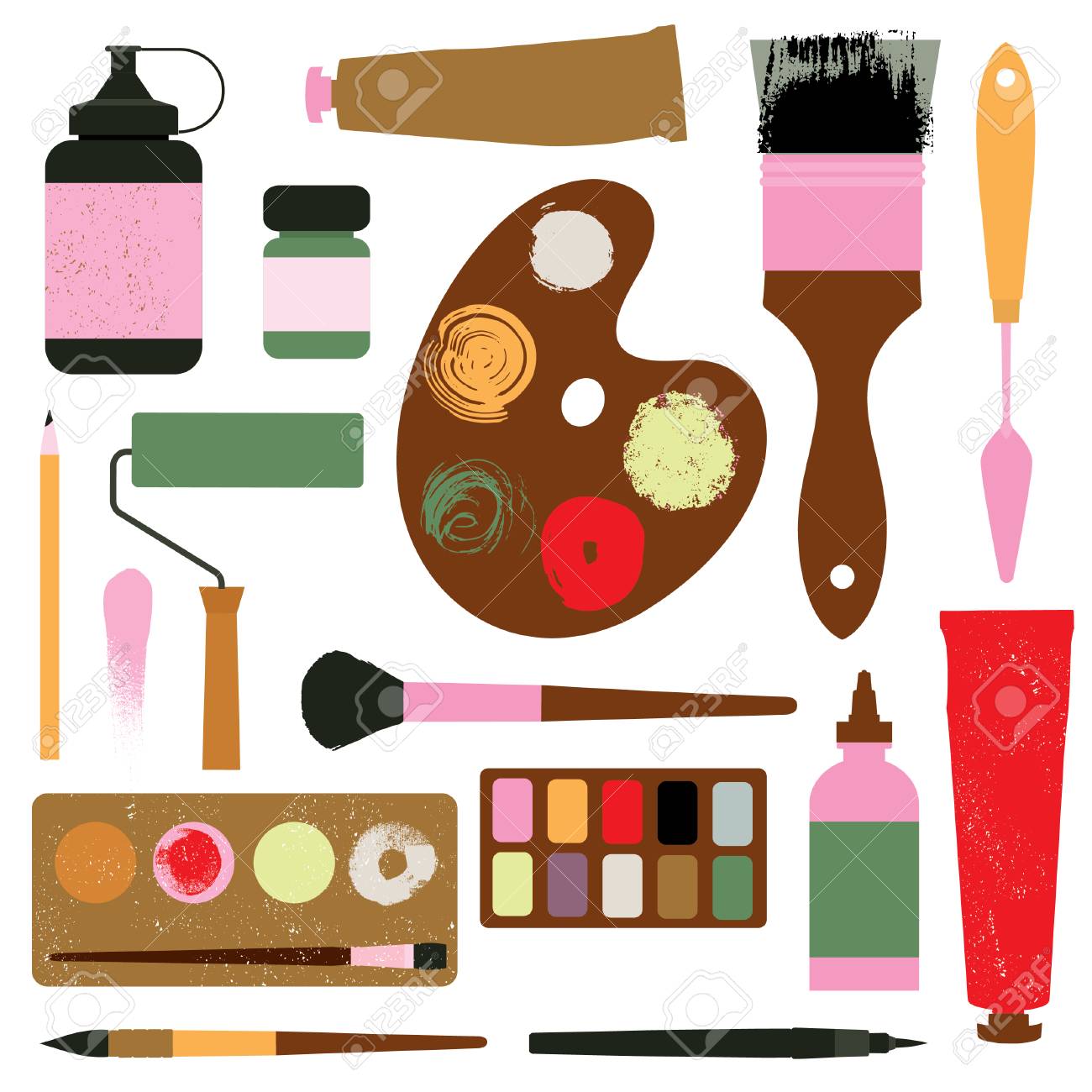 Set Of Art Supplies Brushes Paints Watercolor Ink Paint