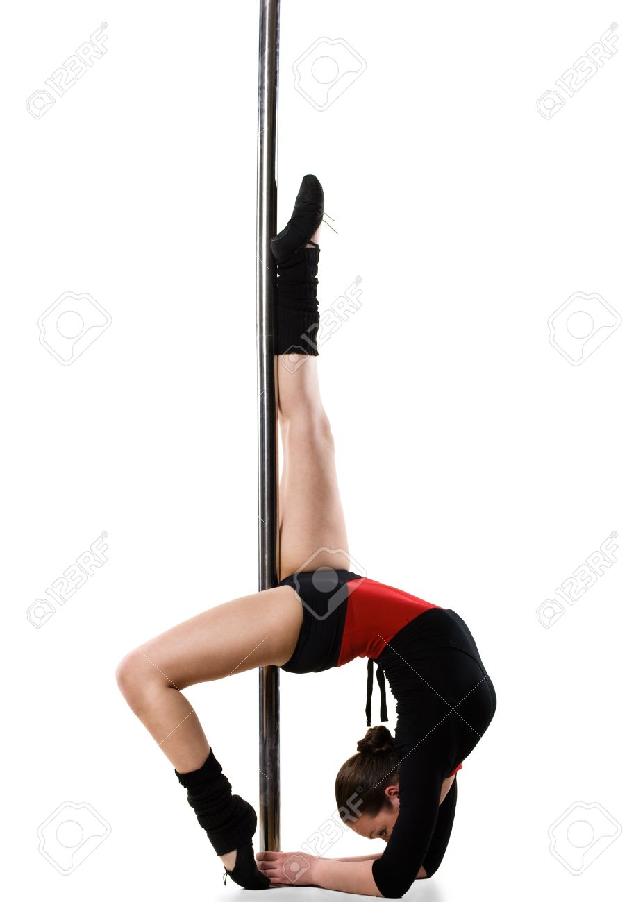 young pole dance woman doing gymnastics against a white background