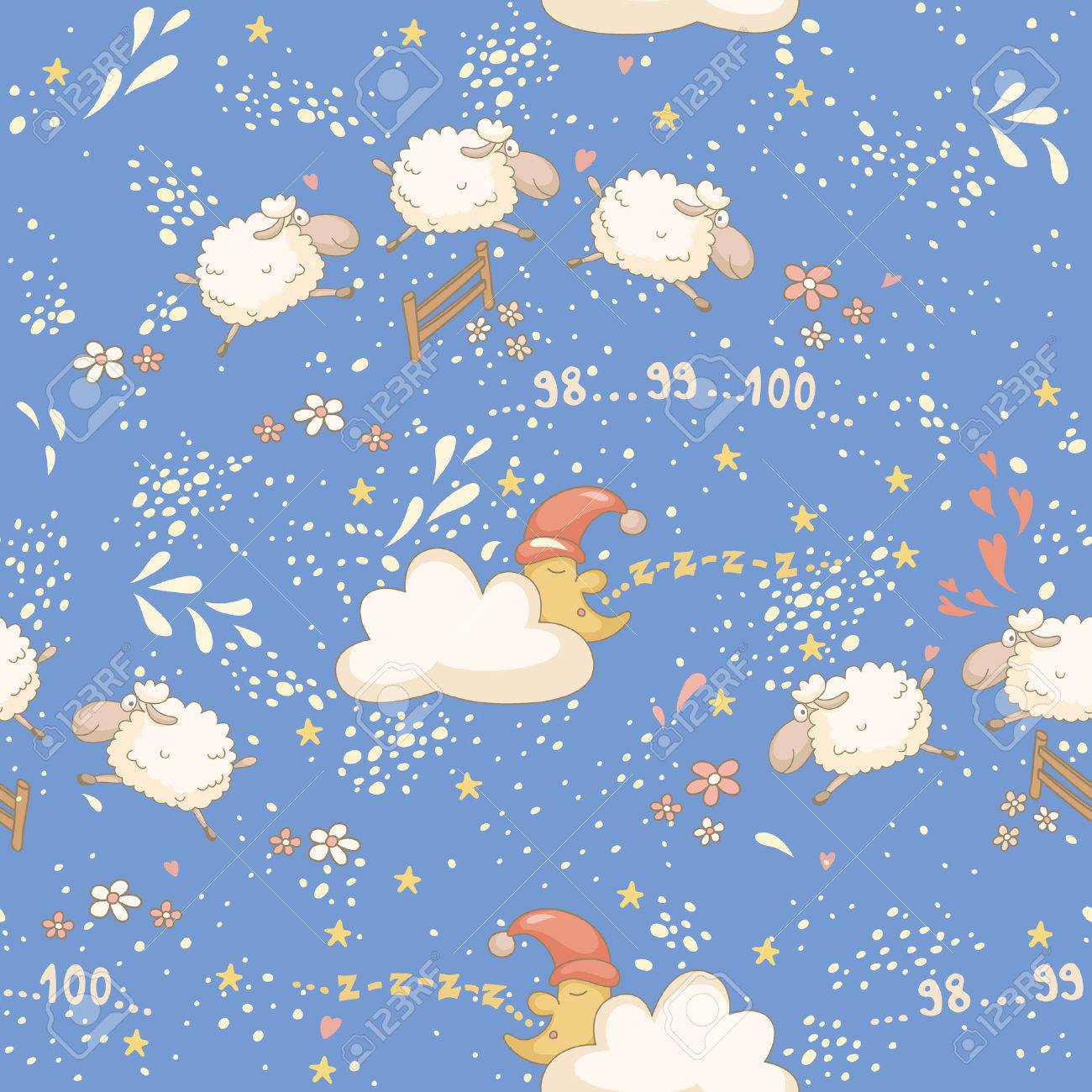 かわいい羊と眠そうな月とのシームレスな就寝パターン 透明度なし グラデーション のイラスト素材 ベクタ Image